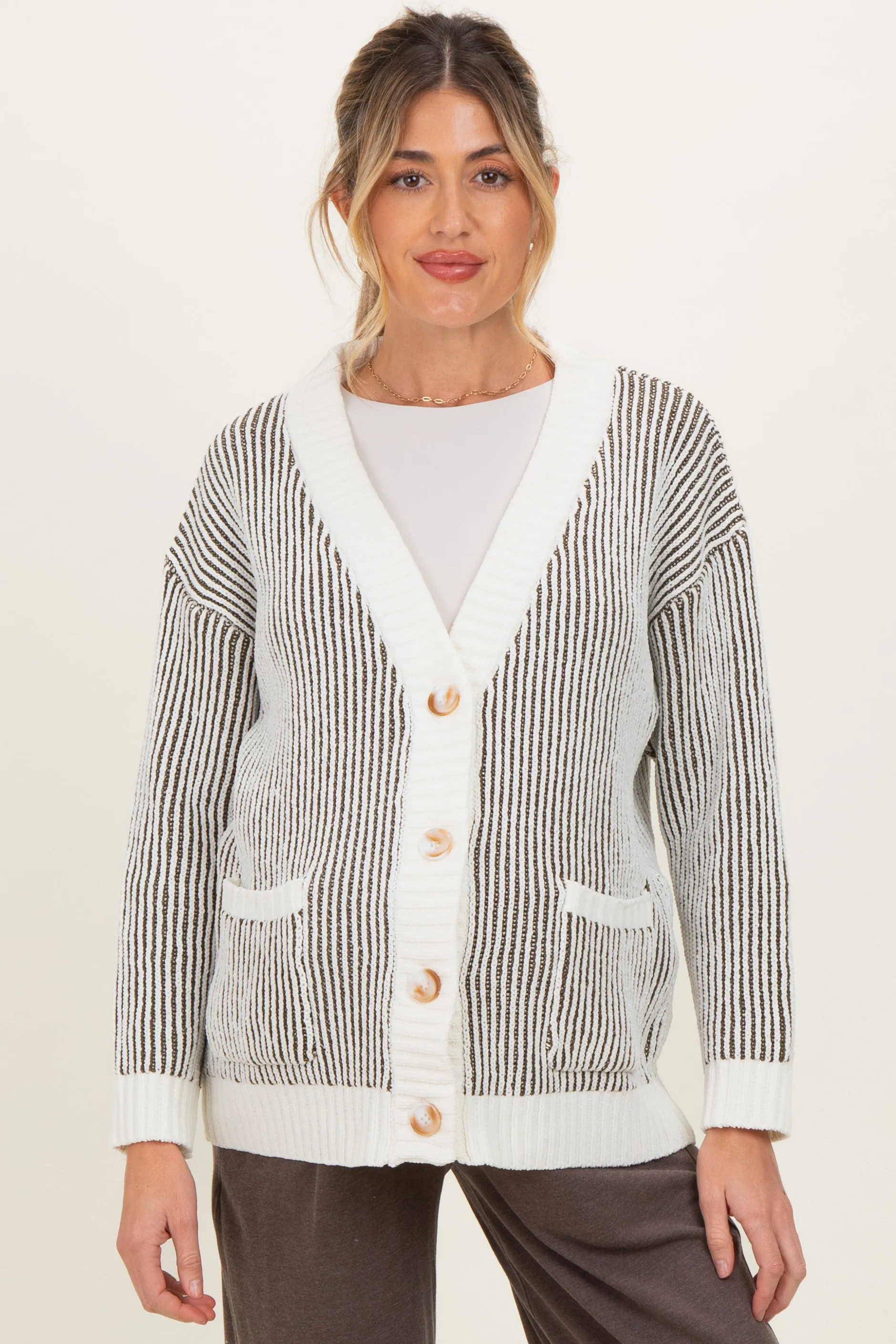 Olive Pocketed Button Front Maternity Cardigan sold by Pinkblush