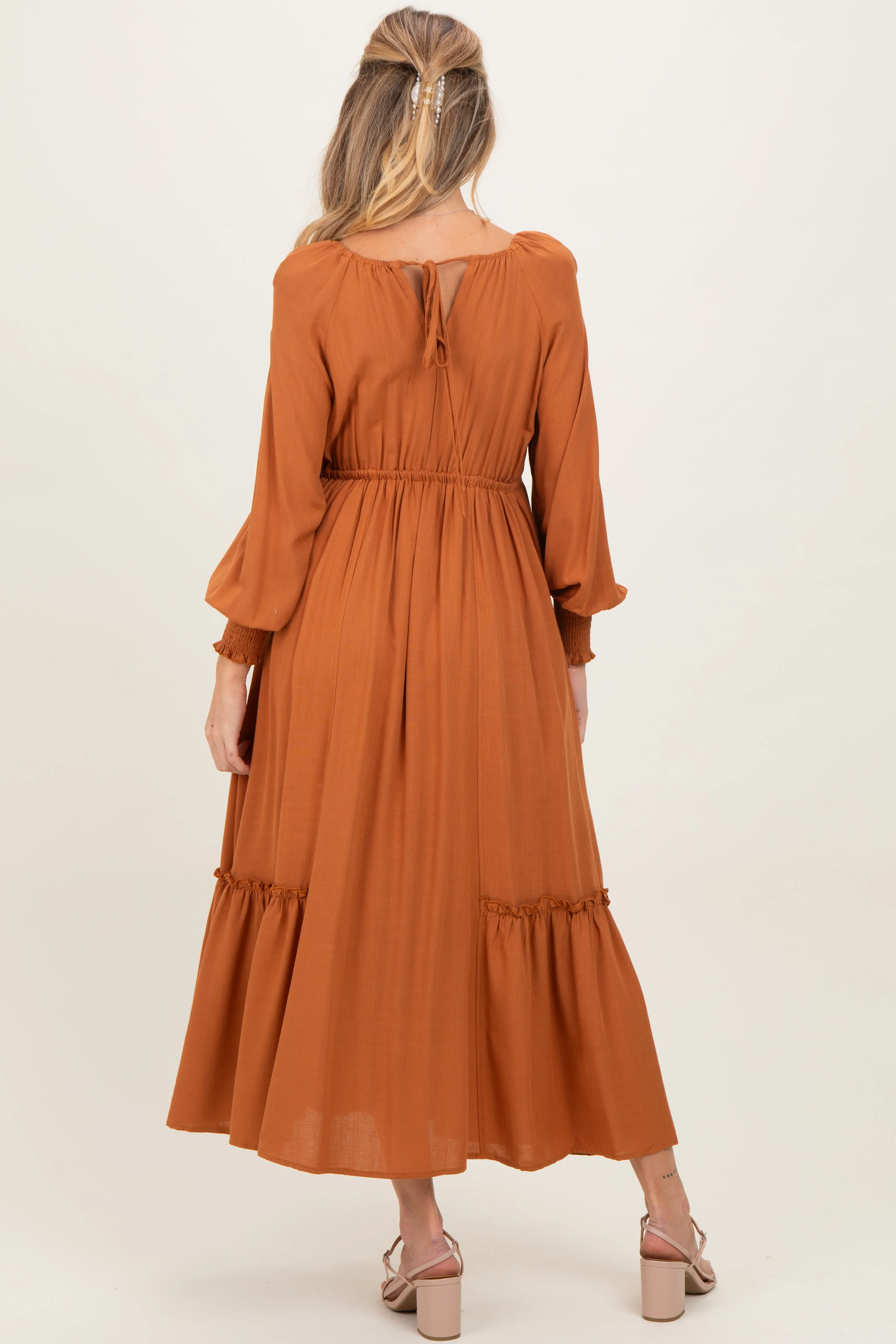 Rust Square Neckline Bubble Sleeve Maternity Maxi Dress sold by Pinkblush product image thumbnail 4