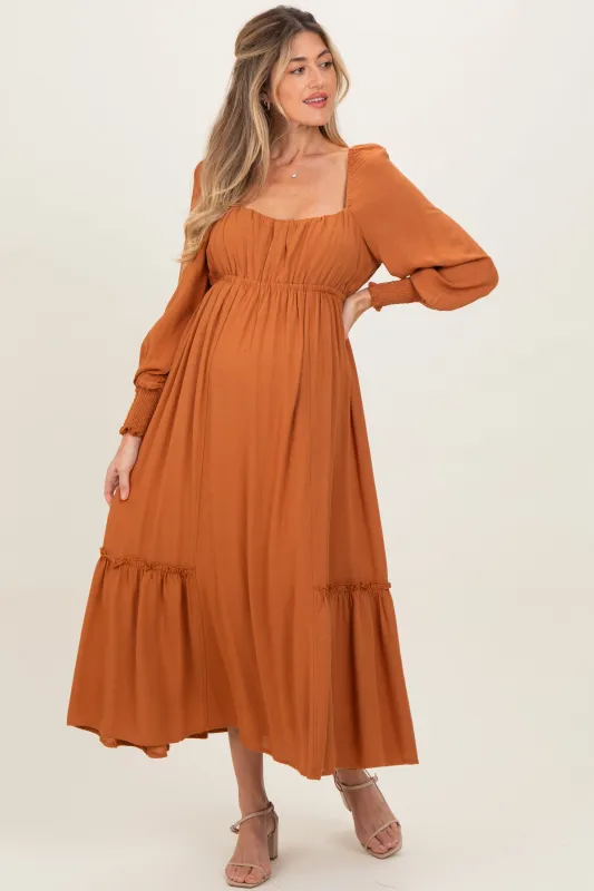 Rust Square Neckline Bubble Sleeve Maternity Maxi Dress sold by Pinkblush