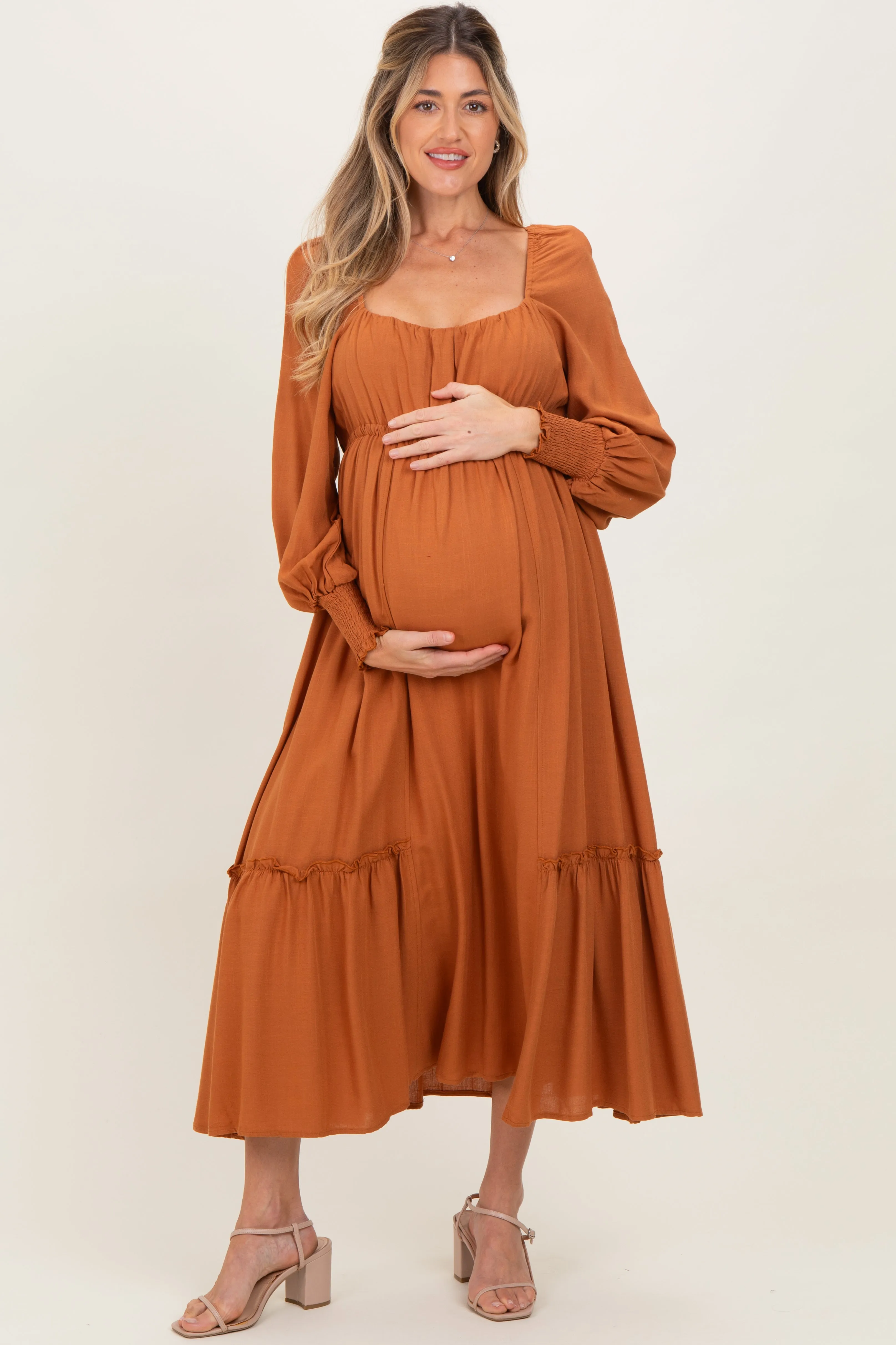 Rust Square Neckline Bubble Sleeve Maternity Maxi Dress sold by Pinkblush product image thumbnail 2