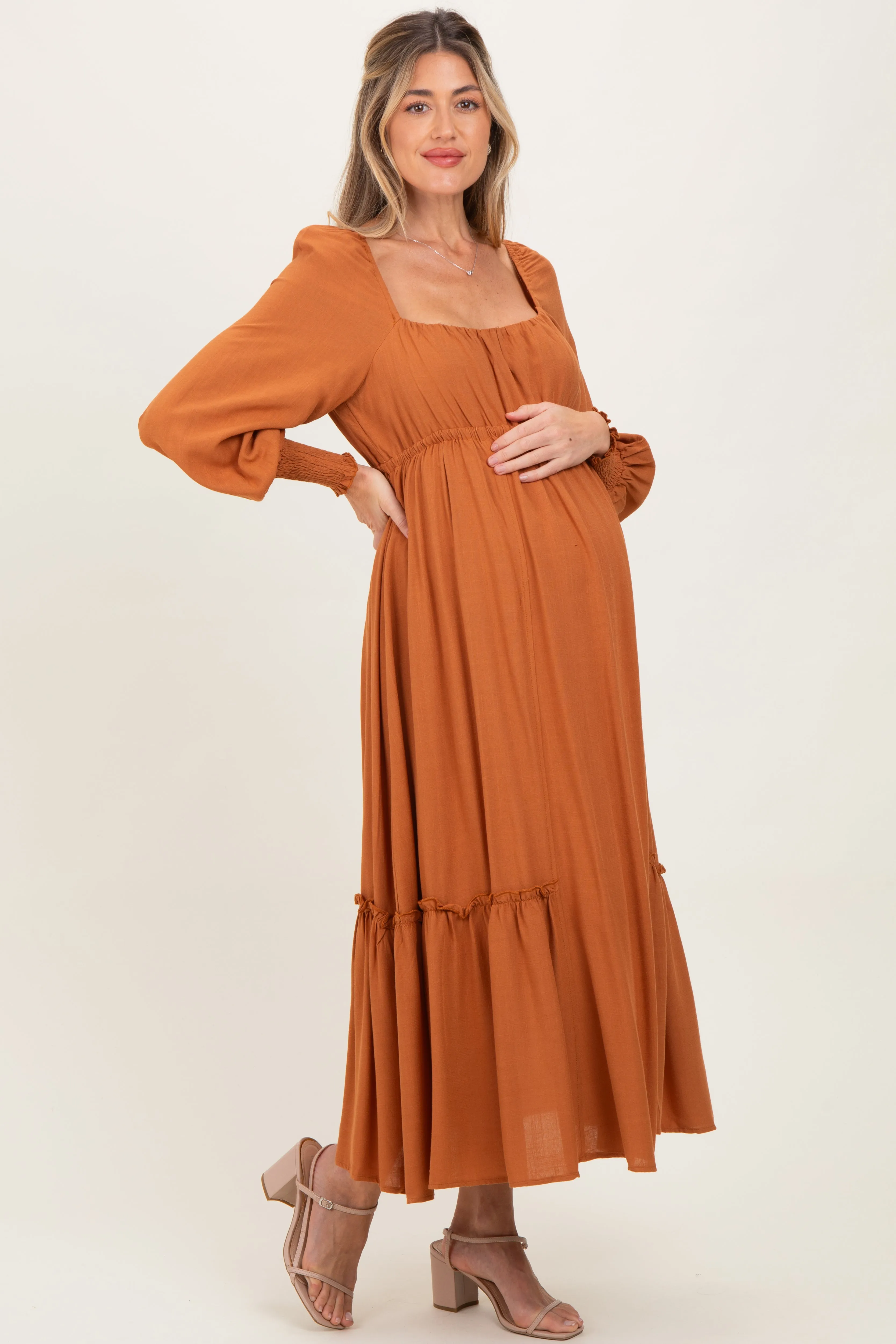 Rust Square Neckline Bubble Sleeve Maternity Maxi Dress sold by Pinkblush product image thumbnail 3