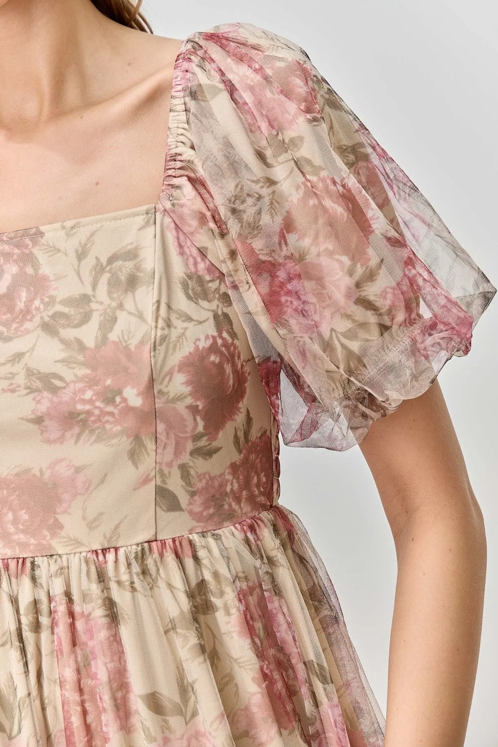 Mauve Floral Printed Tulle Puff Sleeve Midi Dress sold by Pinkblush product image thumbnail 4
