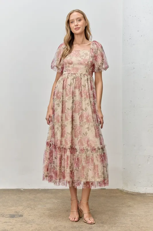 Mauve Floral Printed Tulle Puff Sleeve Midi Dress sold by Pinkblush