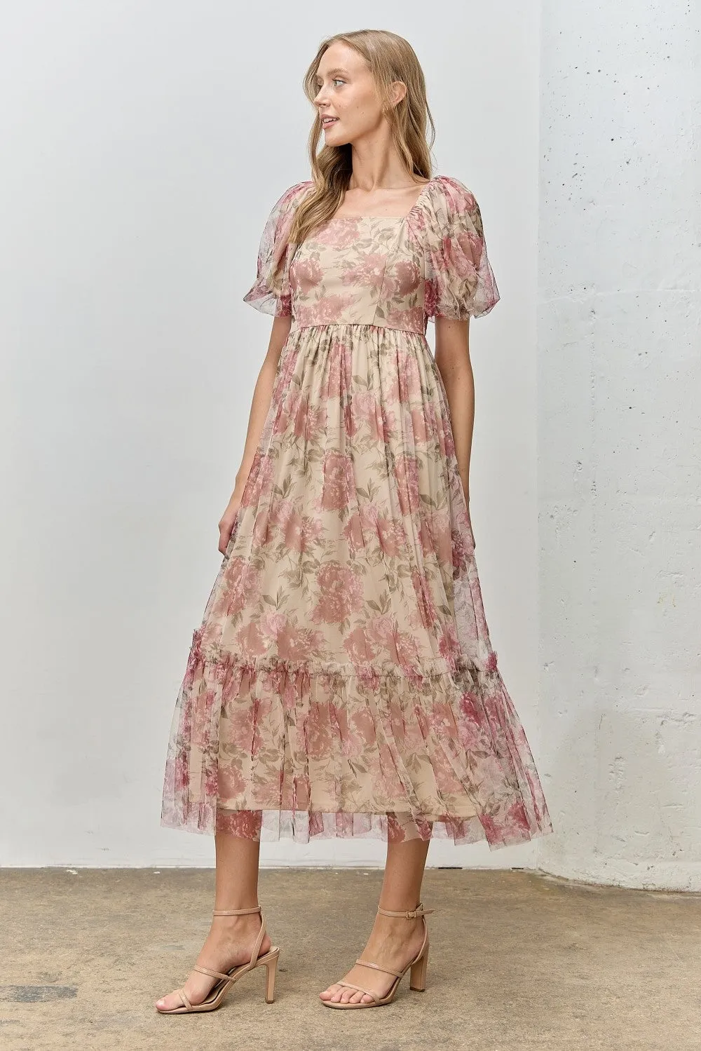 Mauve Floral Printed Tulle Puff Sleeve Midi Dress sold by Pinkblush product image thumbnail 2
