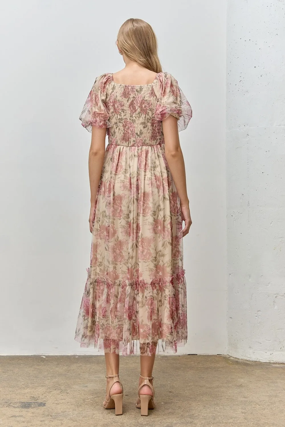 Mauve Floral Printed Tulle Puff Sleeve Midi Dress sold by Pinkblush product image thumbnail 3