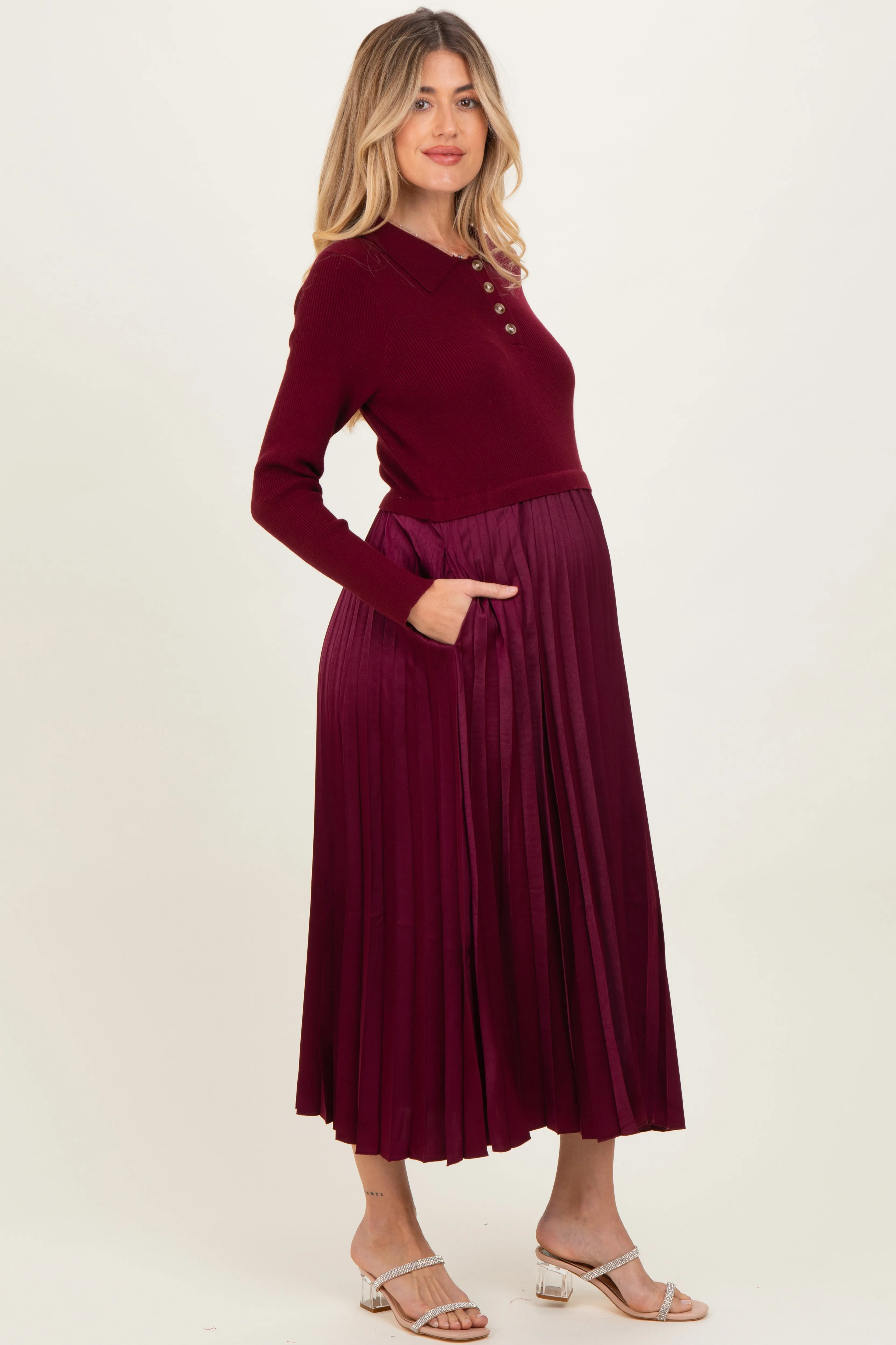 Burgundy Collared Knit Contrast Pleated Skirt Maternity Midi Dress sold by Pinkblush product image thumbnail 2