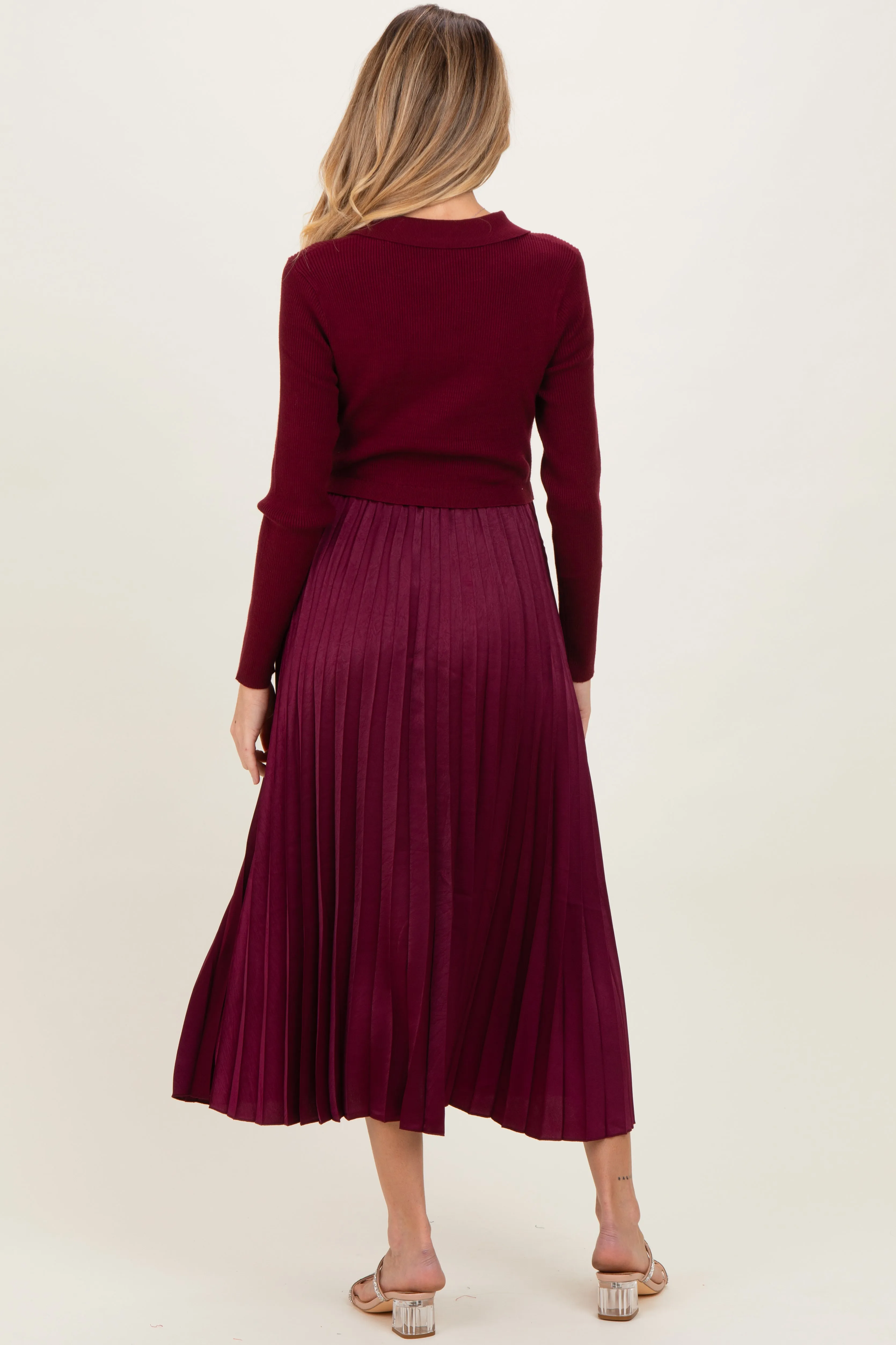 Burgundy Collared Knit Contrast Pleated Skirt Maternity Midi Dress sold by Pinkblush product image thumbnail 3
