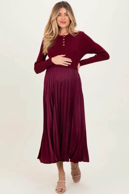 Burgundy Collared Knit Contrast Pleated Skirt Maternity Midi Dress sold by Pinkblush