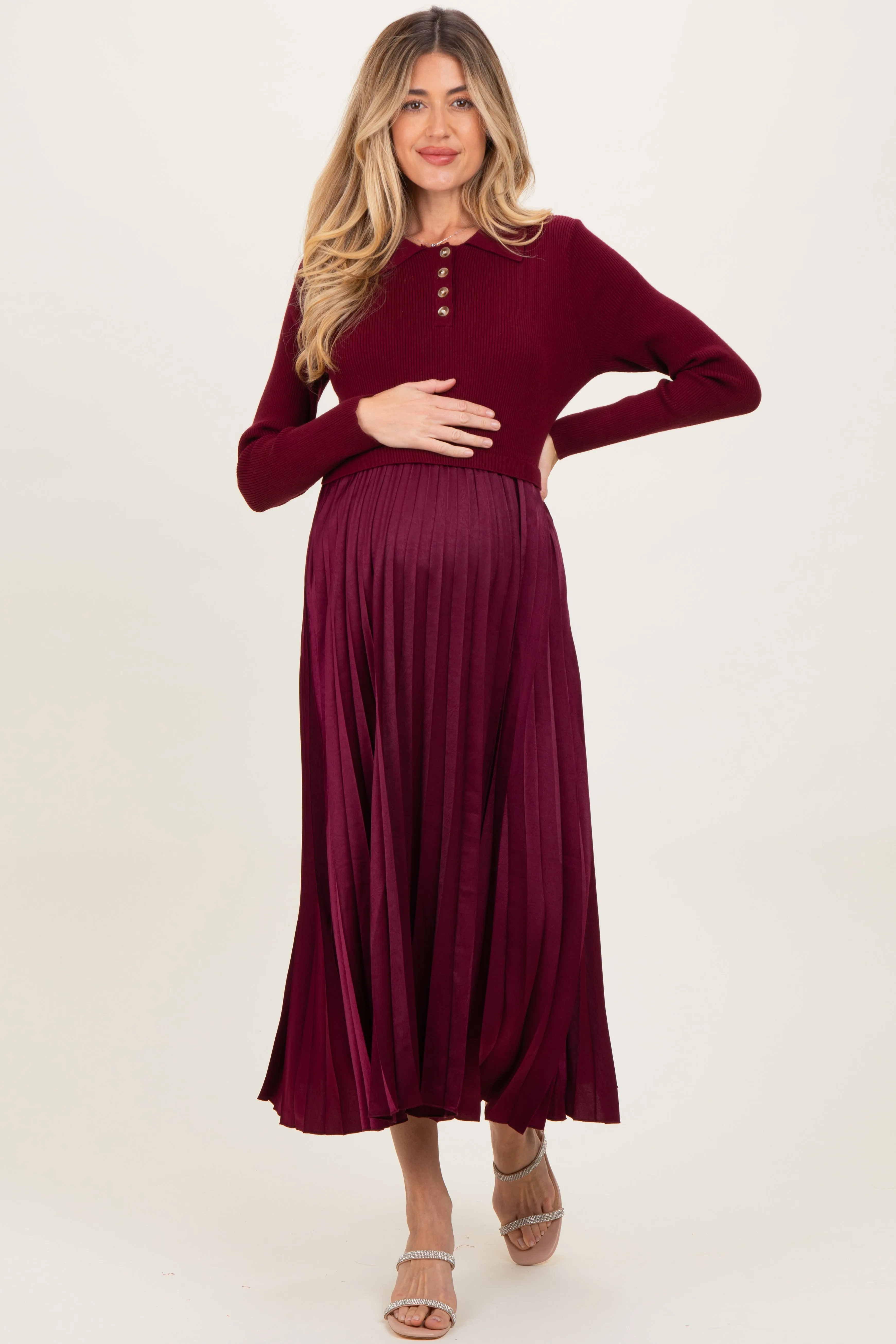 Burgundy Collared Knit Contrast Pleated Skirt Maternity Midi Dress sold by Pinkblush