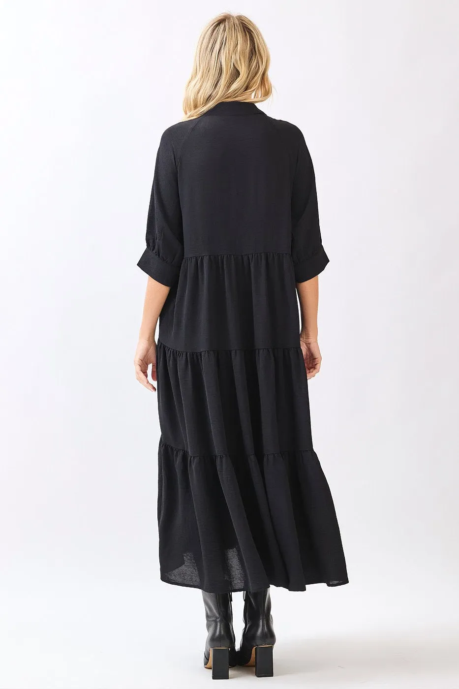 Black Collared Button Up Tiered Midi Dress sold by Pinkblush product image thumbnail 3