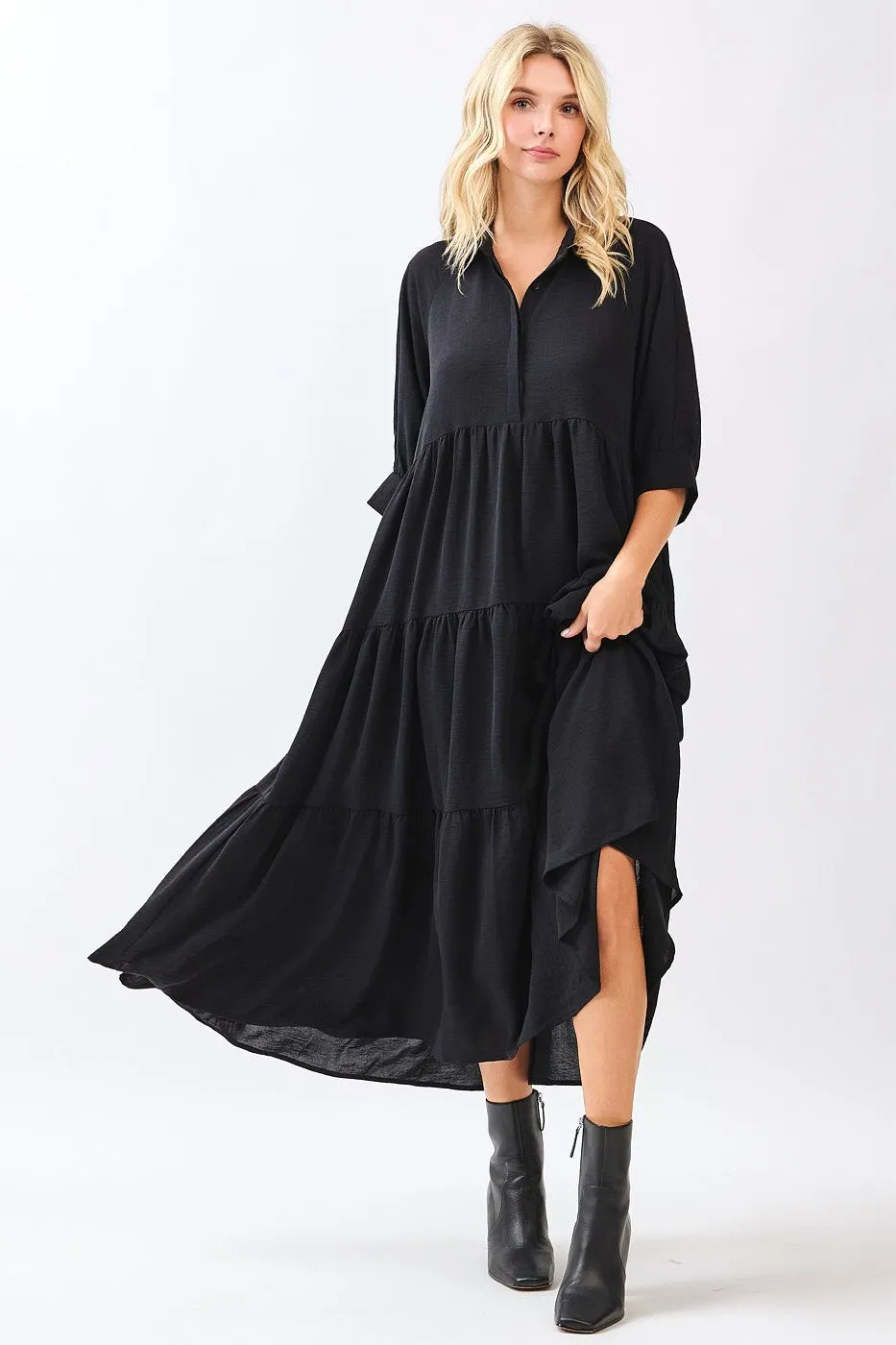 Black Collared Button Up Tiered Midi Dress sold by Pinkblush product image thumbnail 4