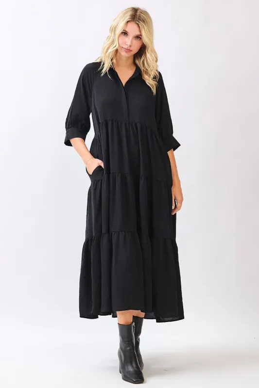 Black Collared Button Up Tiered Midi Dress sold by Pinkblush