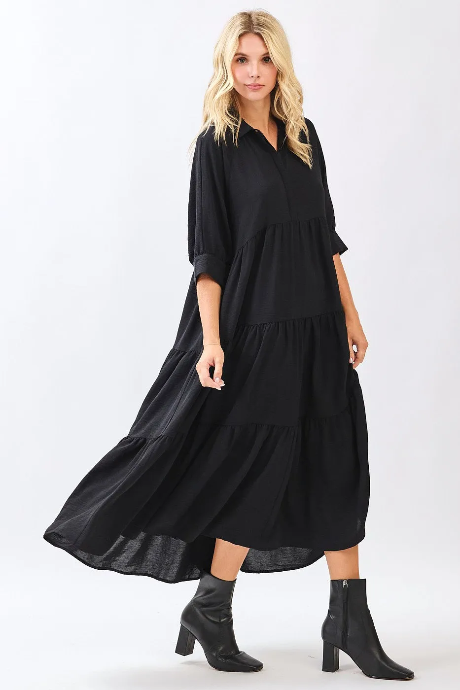 Black Collared Button Up Tiered Midi Dress sold by Pinkblush product image thumbnail 2