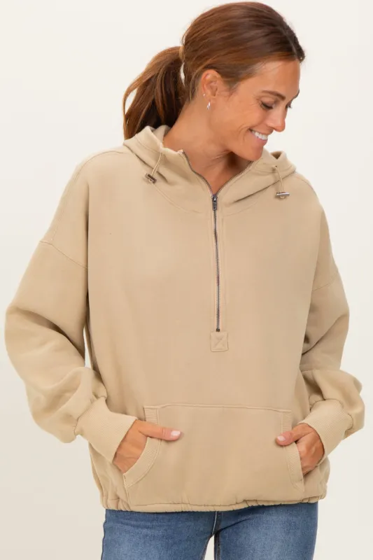 Light Taupe Fleece Half Zip Drop Shoulder Hoodie sold by Pinkblush