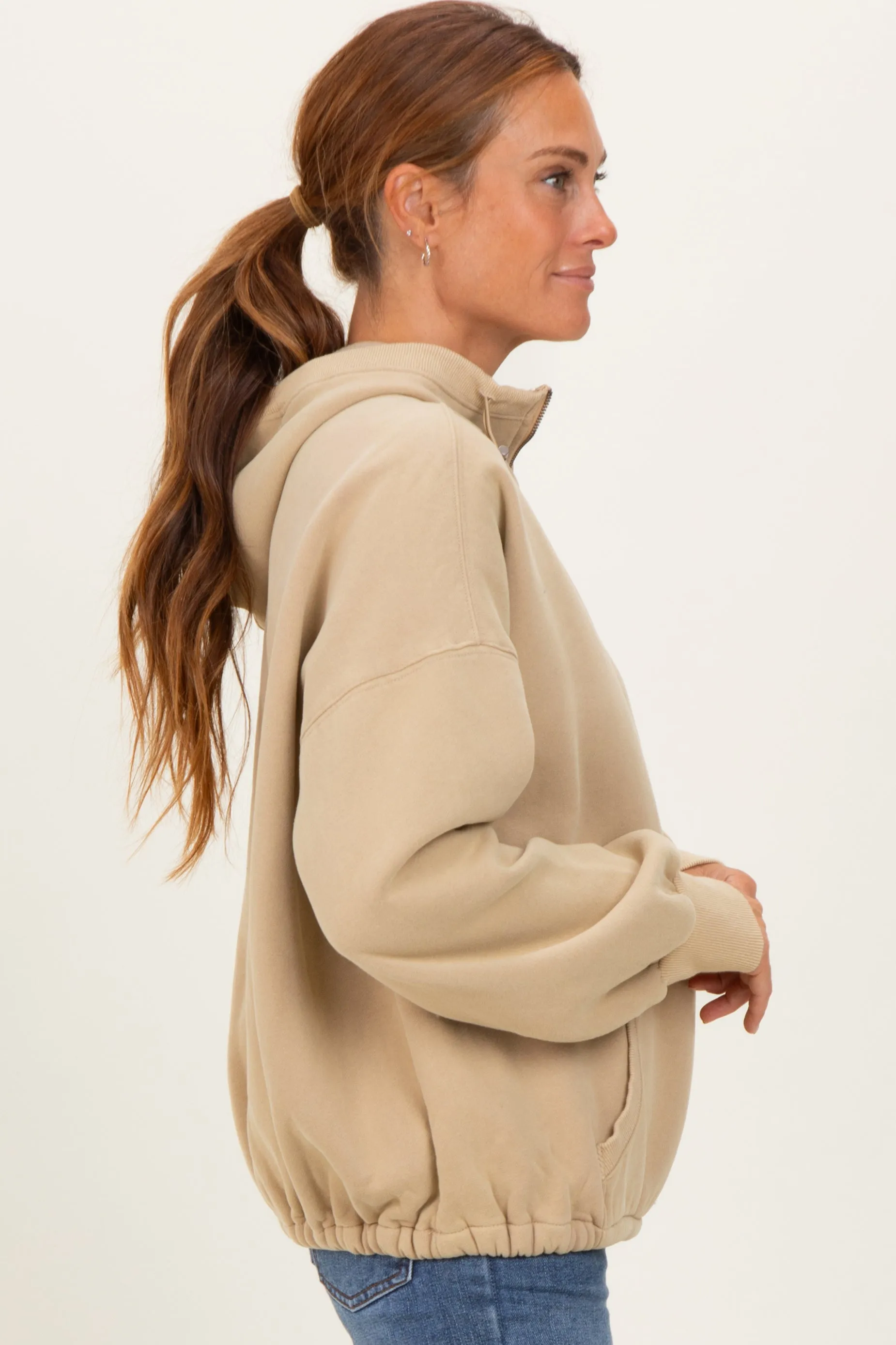 Light Taupe Fleece Half Zip Drop Shoulder Hoodie sold by Pinkblush product image thumbnail 2