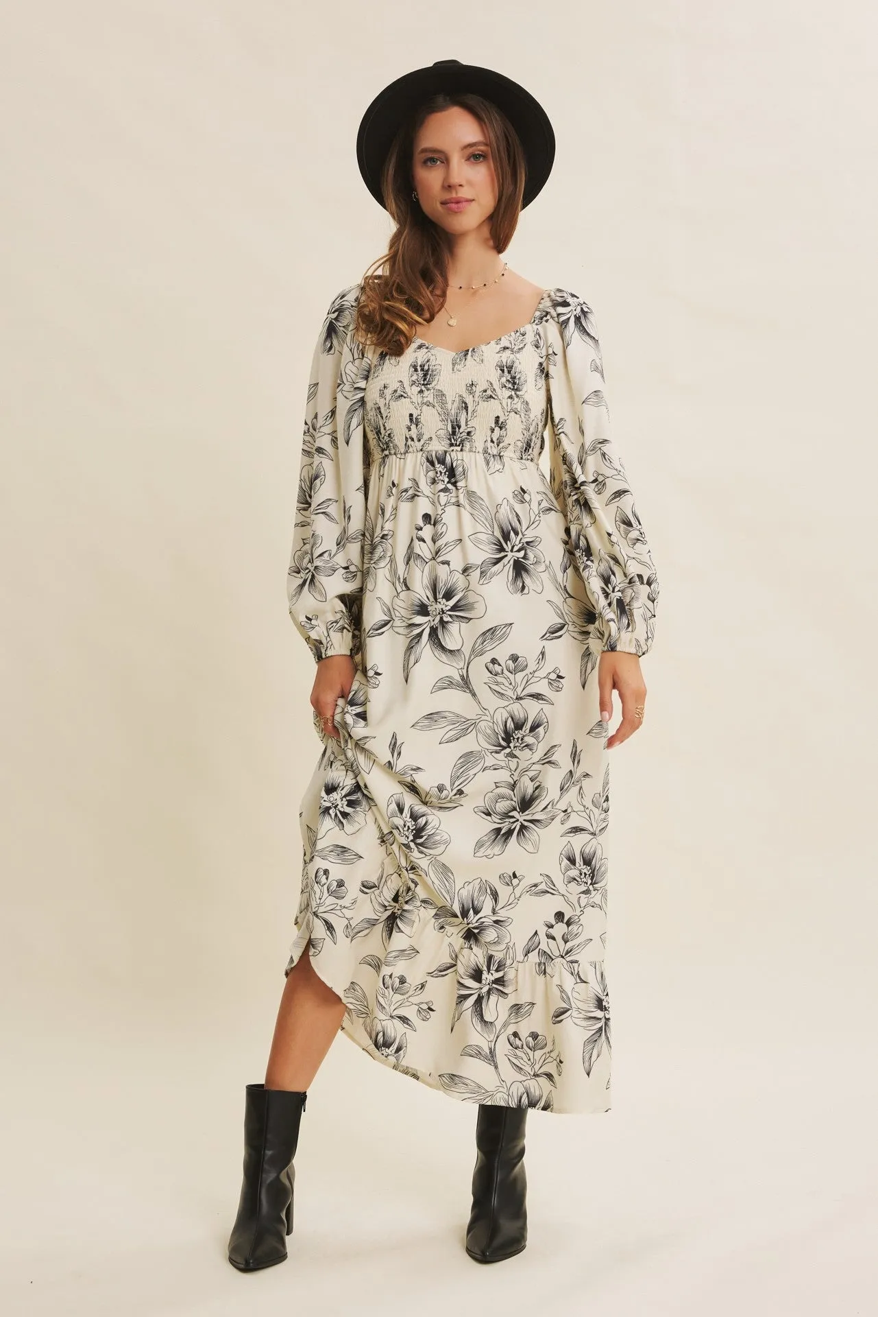 Cream Floral Smocked Long Sleeve Maxi Dress sold by Pinkblush product image thumbnail 4