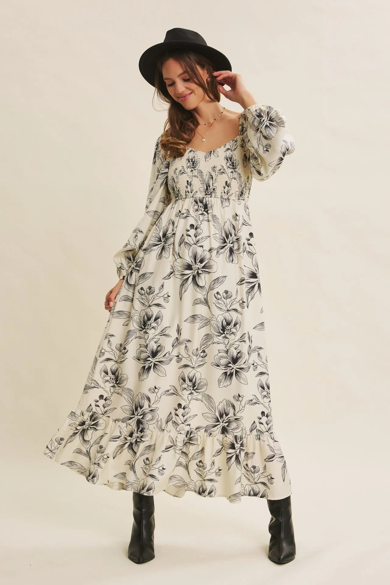 Cream Floral Smocked Long Sleeve Maxi Dress sold by Pinkblush