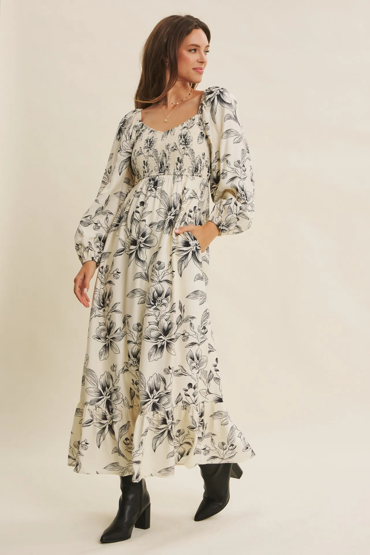 Cream Floral Smocked Long Sleeve Maxi Dress sold by Pinkblush product image thumbnail 2