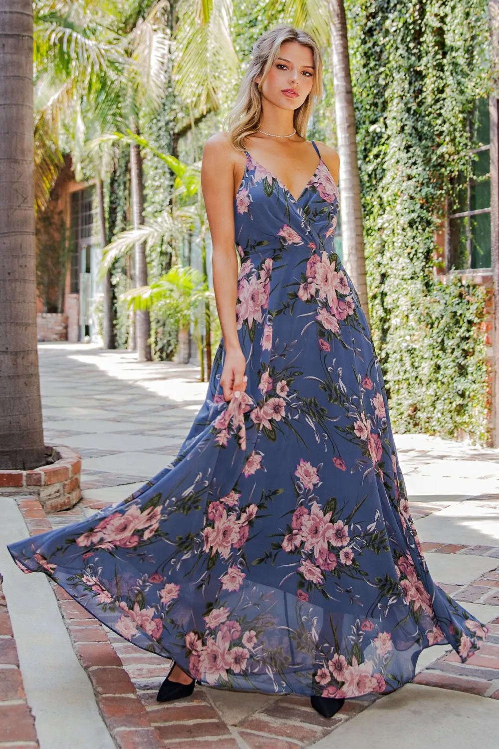 Dusty Blue Floral V-Neck Sleeveless Maxi Dress sold by Pinkblush