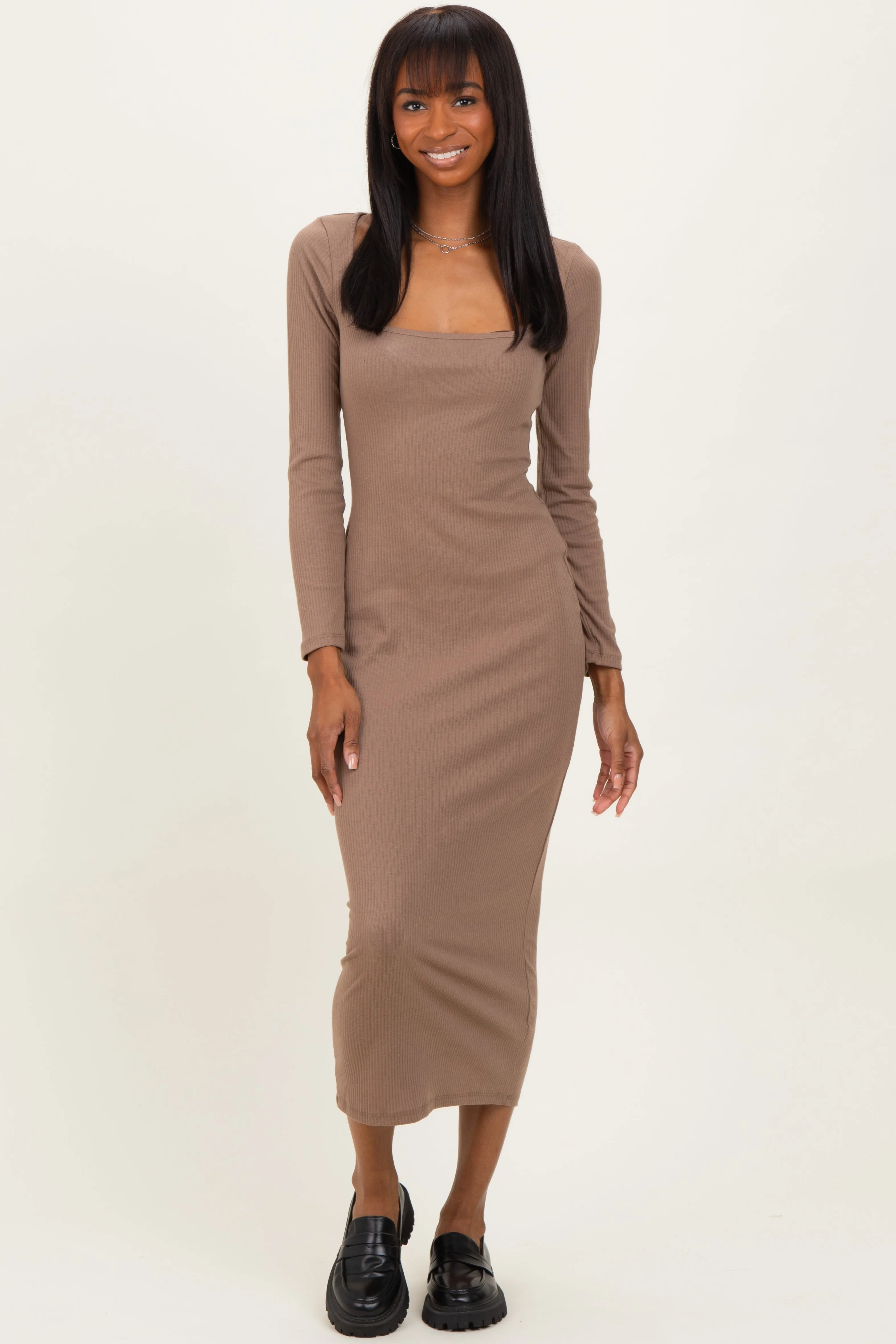 Taupe Square Neck Rib Long Sleeve Maxi Dress sold by Pinkblush