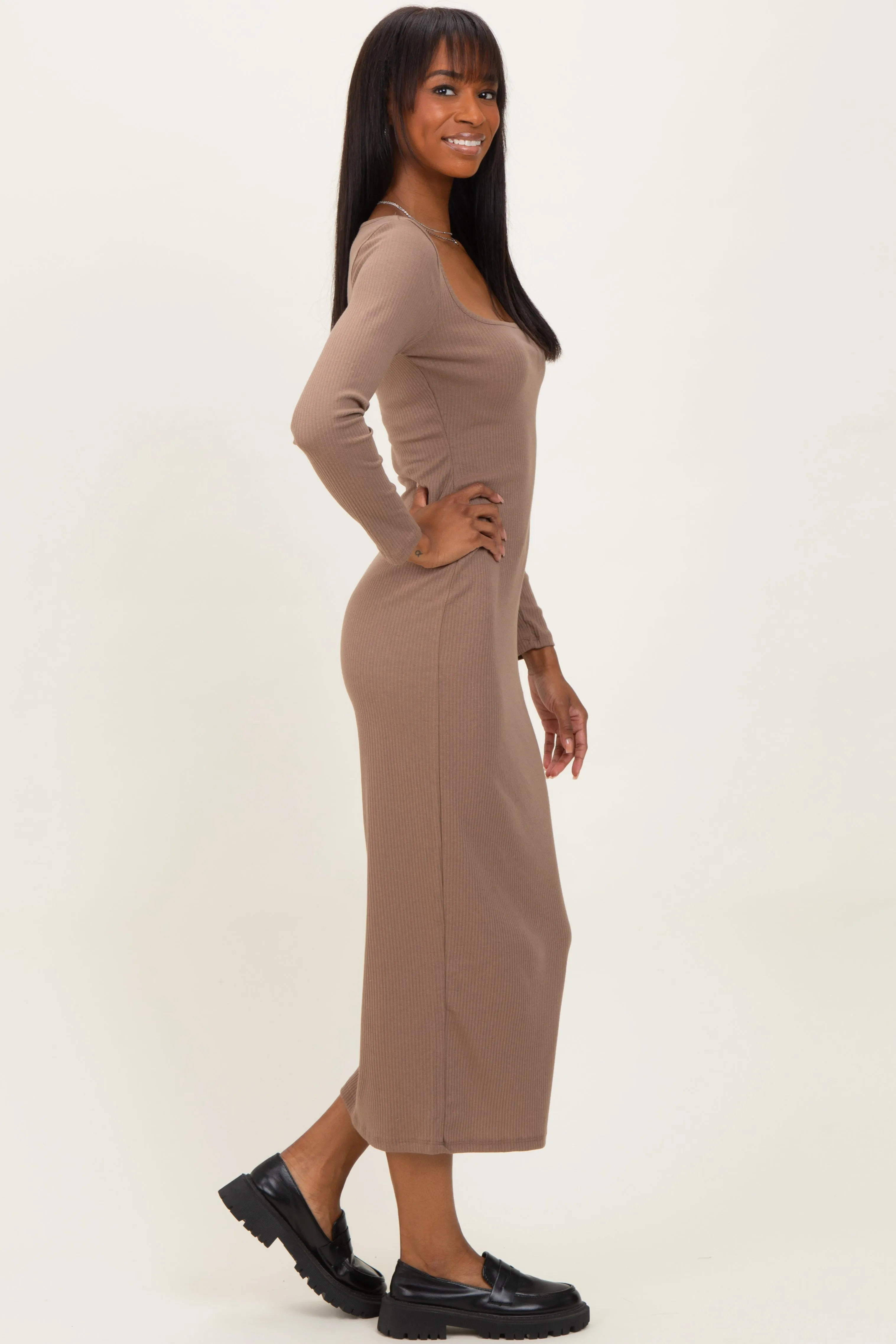 Taupe Square Neck Rib Long Sleeve Maxi Dress sold by Pinkblush product image thumbnail 2