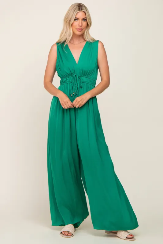 Green Satin V-Neck Side Slit Jumpsuit sold by Pinkblush