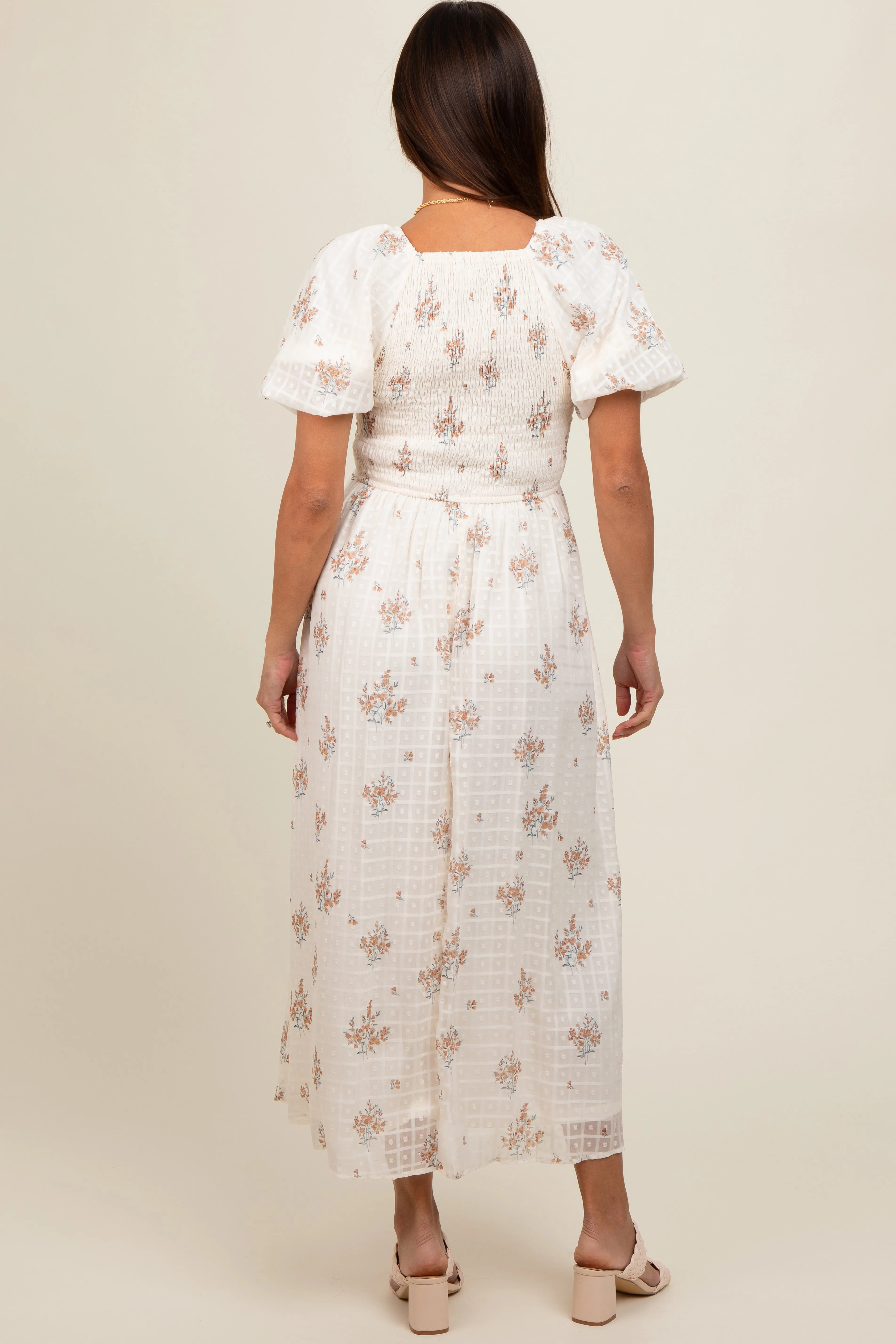 Beige Floral Textured Dot Smocked Sweetheart Neck Maternity Midi Dress sold by Pinkblush product image thumbnail 4