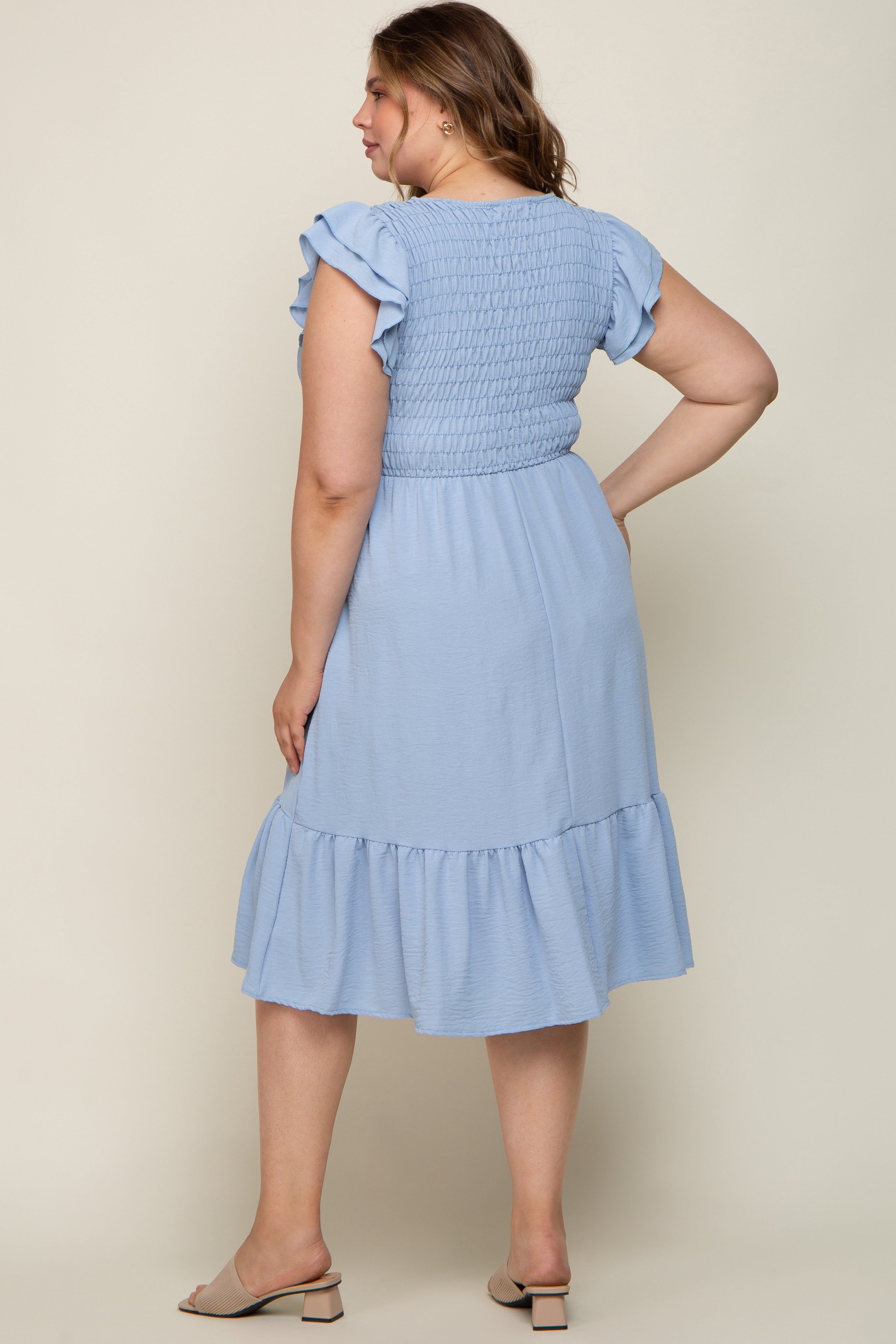 Light Blue Smocked Layered Ruffle Flutter Sleeve Maternity Plus Midi Dress sold by Pinkblush product image thumbnail 3