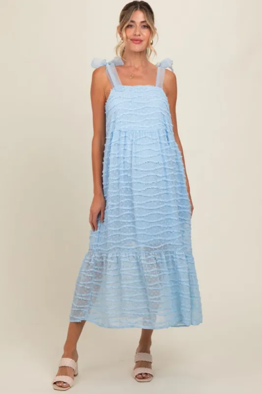 Light Blue Textured Shoulder Tie Maternity Midi Dress sold by Pinkblush