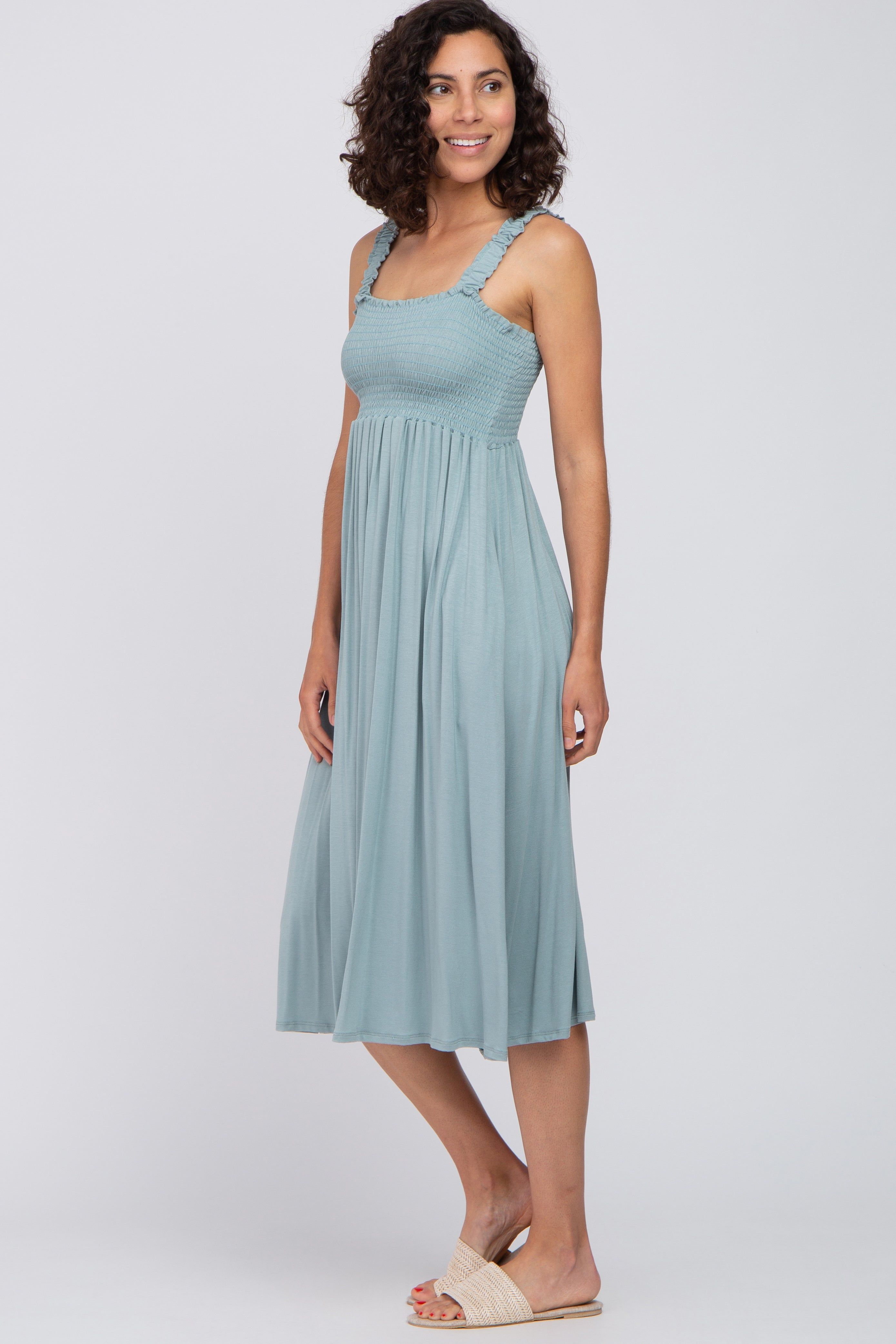 Light Blue Smocked Ruffle Strap Midi Dress sold by Pinkblush product image thumbnail 2
