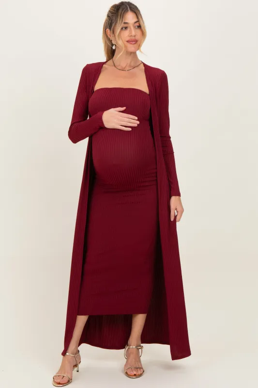 Burgundy Ribbed Sleeveless Dress Cardigan Maternity Set sold by Pinkblush