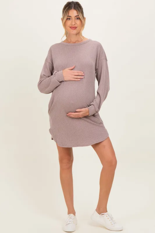 Taupe Rib Knit Long Sleeve Maternity Dress sold by Pinkblush