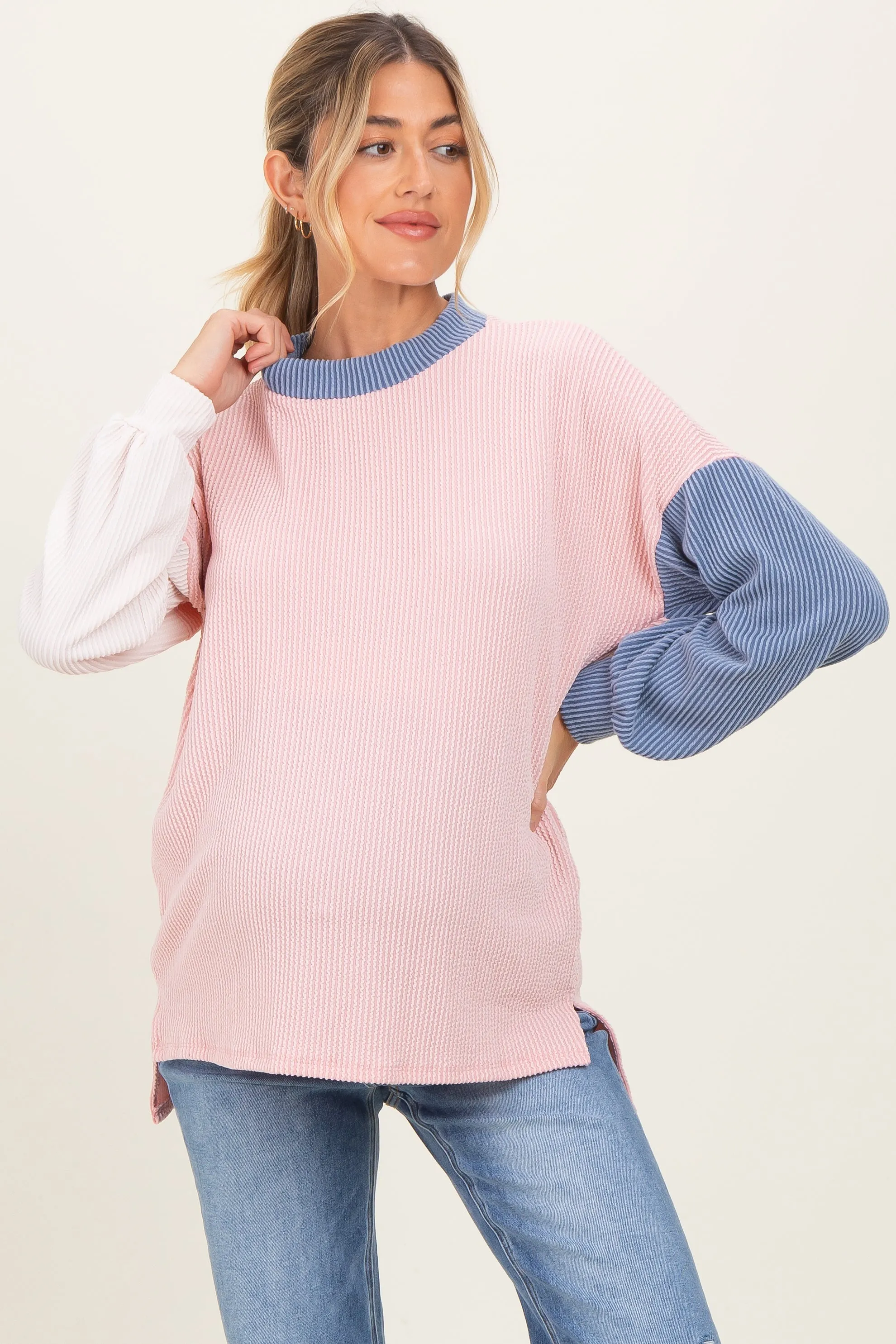 Pink Ribbed Colorblock Maternity Side Slit Top sold by Pinkblush product image thumbnail 2