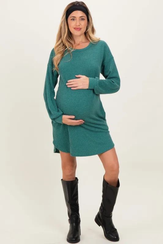 Forest Green Rib Knit Long Sleeve Maternity Dress sold by Pinkblush