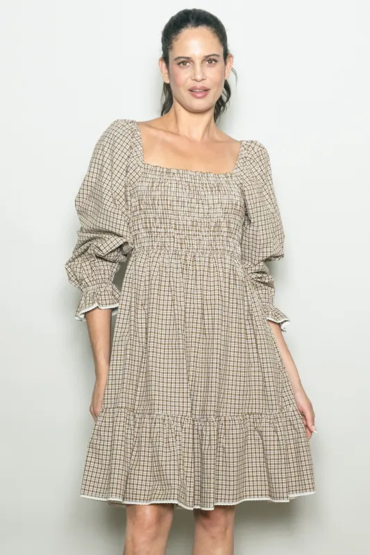 Beige Vintage Checked Plaid Square-Neck Dress sold by Pinkblush