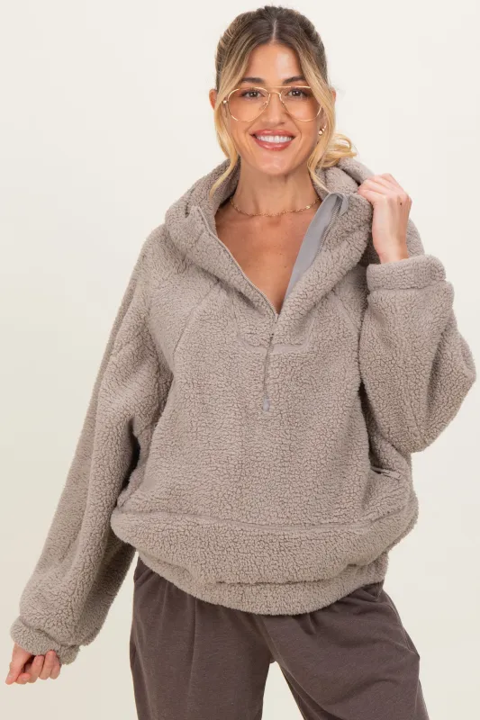 Dark Taupe Faux Sherpa Quarter Zip Maternity Hoodie sold by Pinkblush