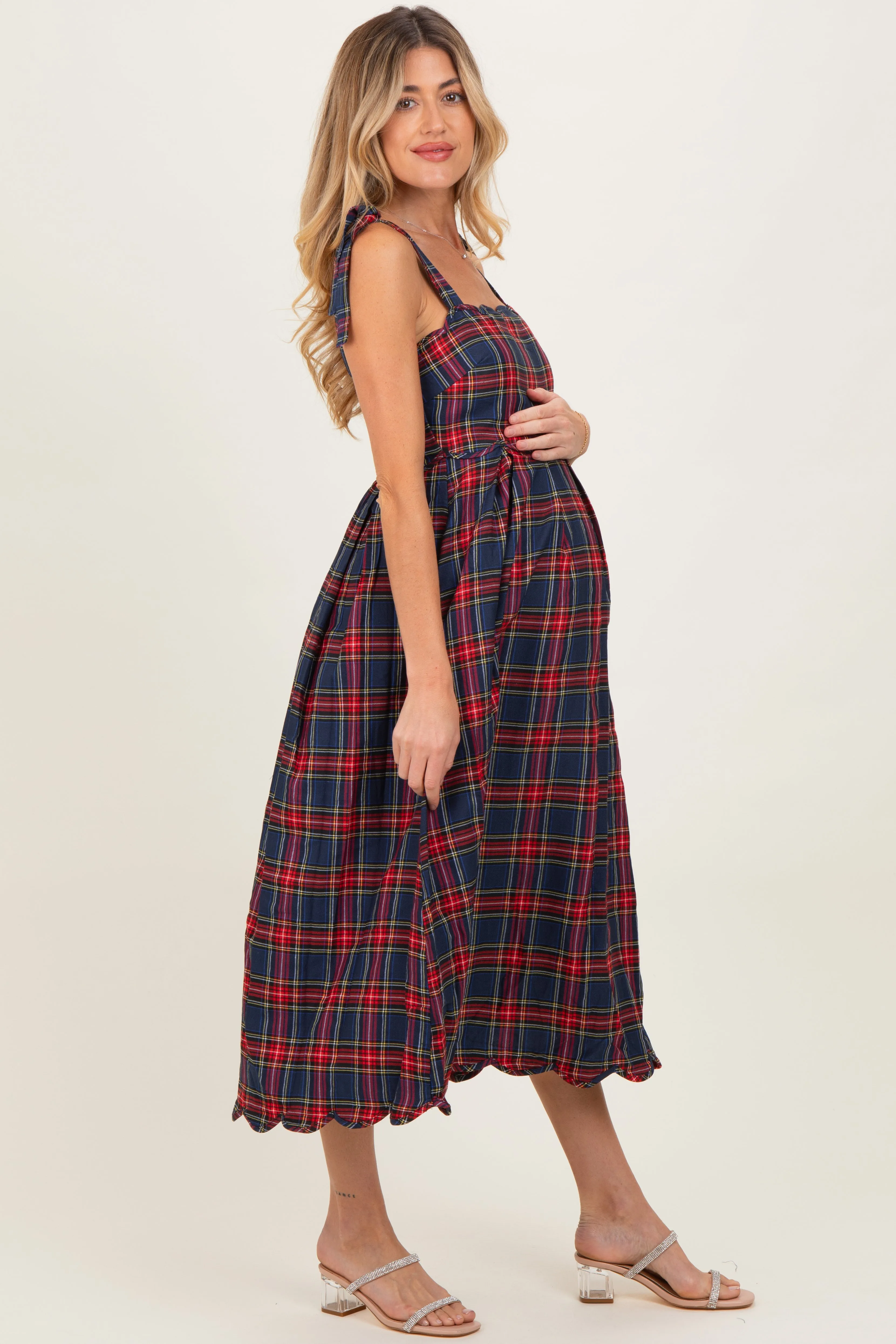 Navy Plaid Shoulder Tie Scallop Hem Maternity Midi Dress sold by Pinkblush product image thumbnail 3