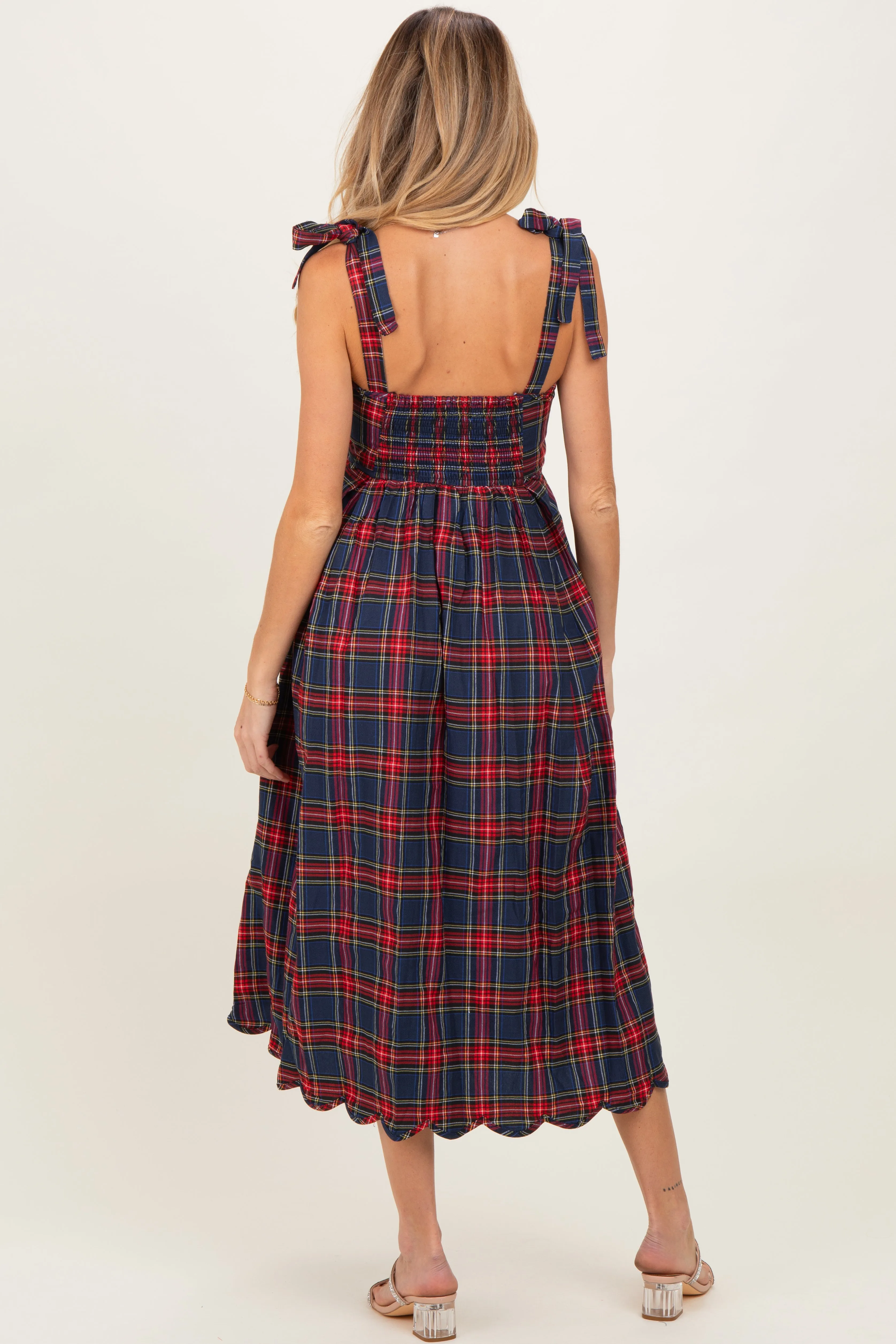 Navy Plaid Shoulder Tie Scallop Hem Maternity Midi Dress sold by Pinkblush product image thumbnail 4