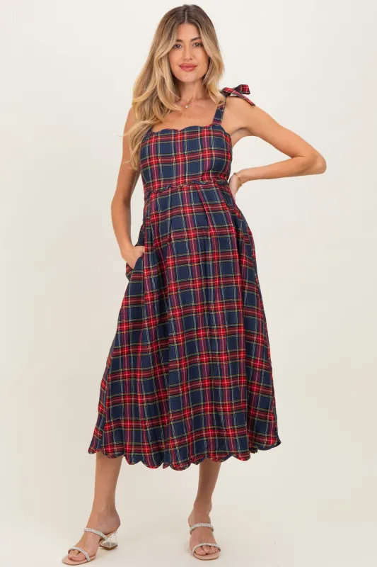 Navy Plaid Shoulder Tie Scallop Hem Maternity Midi Dress sold by Pinkblush
