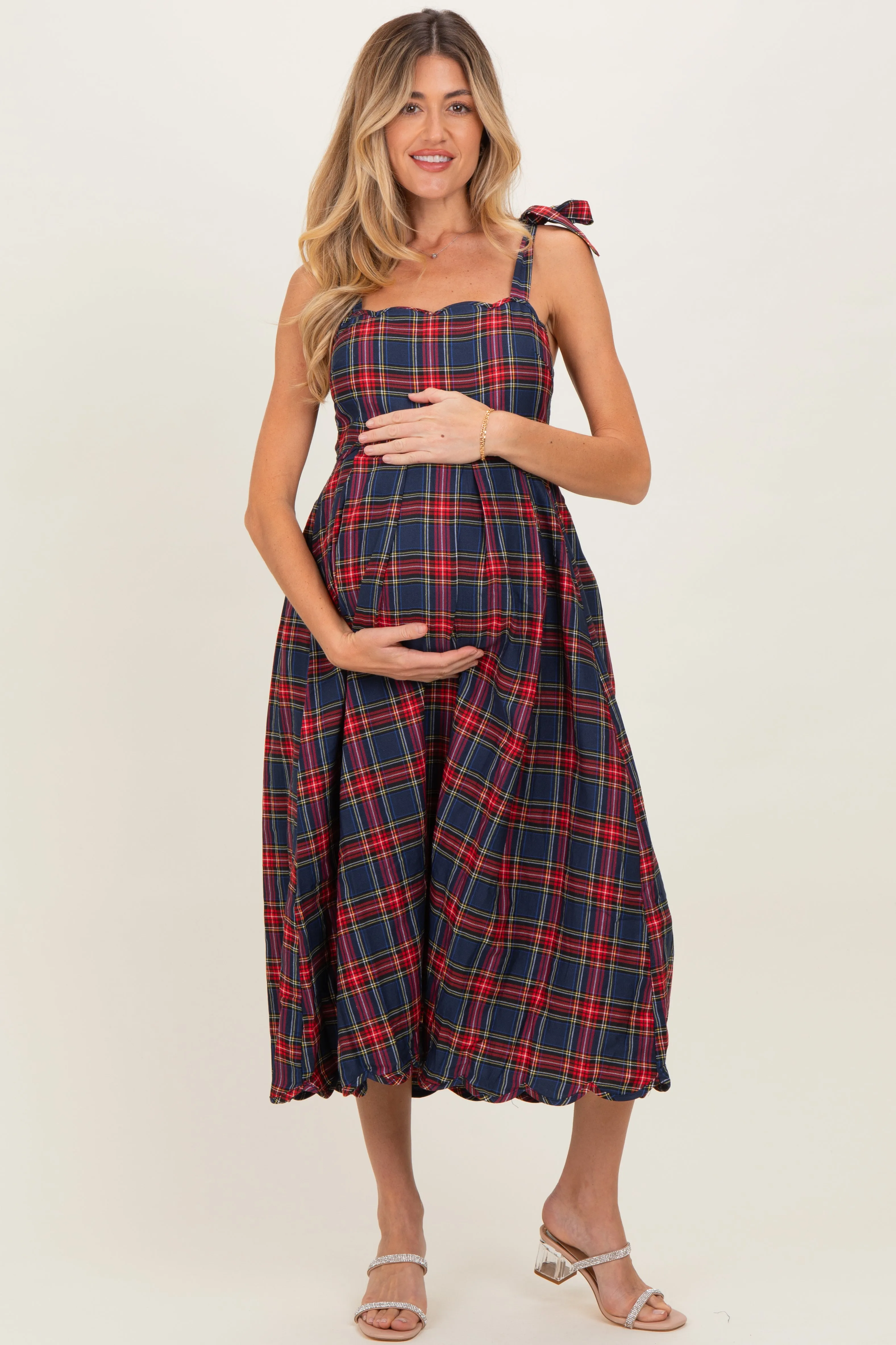 Navy Plaid Shoulder Tie Scallop Hem Maternity Midi Dress sold by Pinkblush product image thumbnail 2