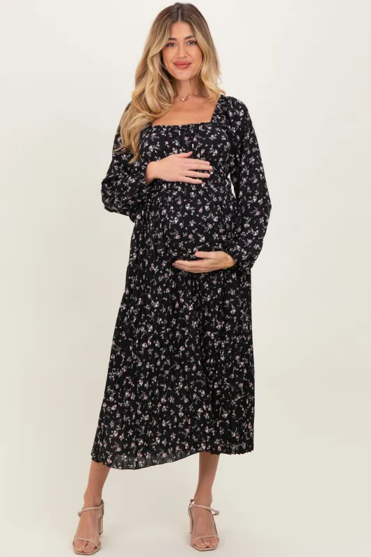 Black Floral Long Sleeve Maternity Midi Dress sold by Pinkblush