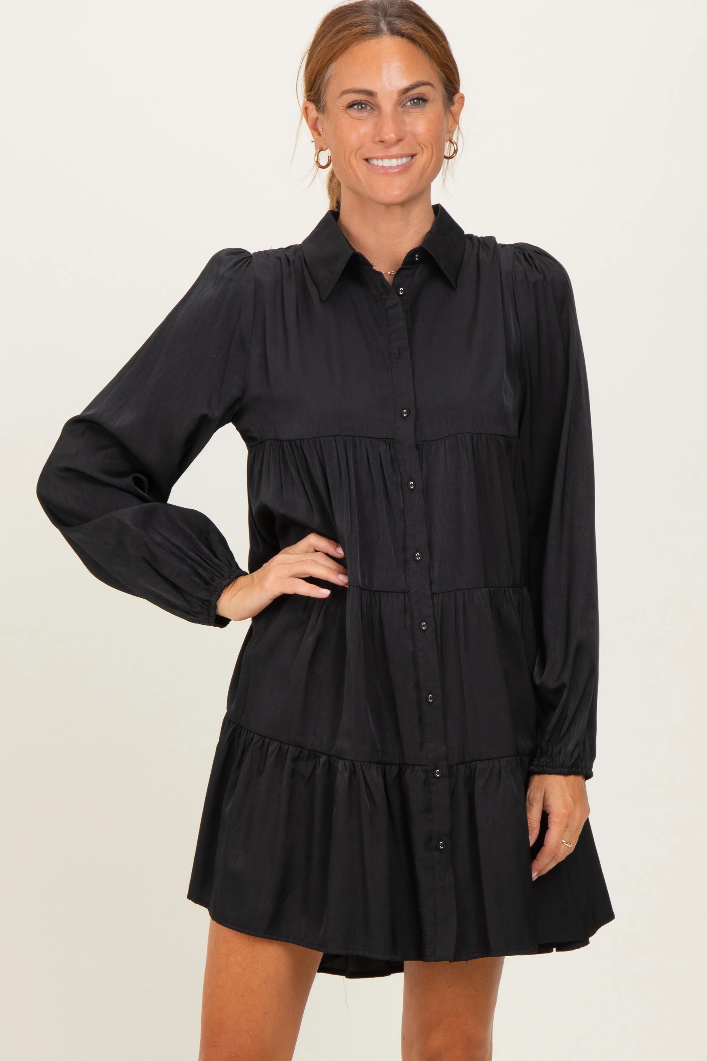 Black Balloon Sleeve Tiered Maternity Shirt Dress sold by Pinkblush product image thumbnail 3