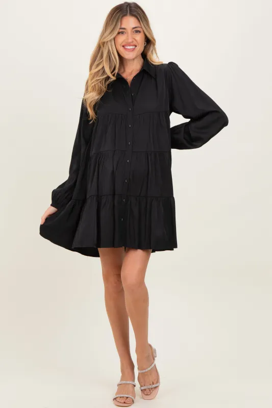 Black Balloon Sleeve Tiered Maternity Shirt Dress sold by Pinkblush