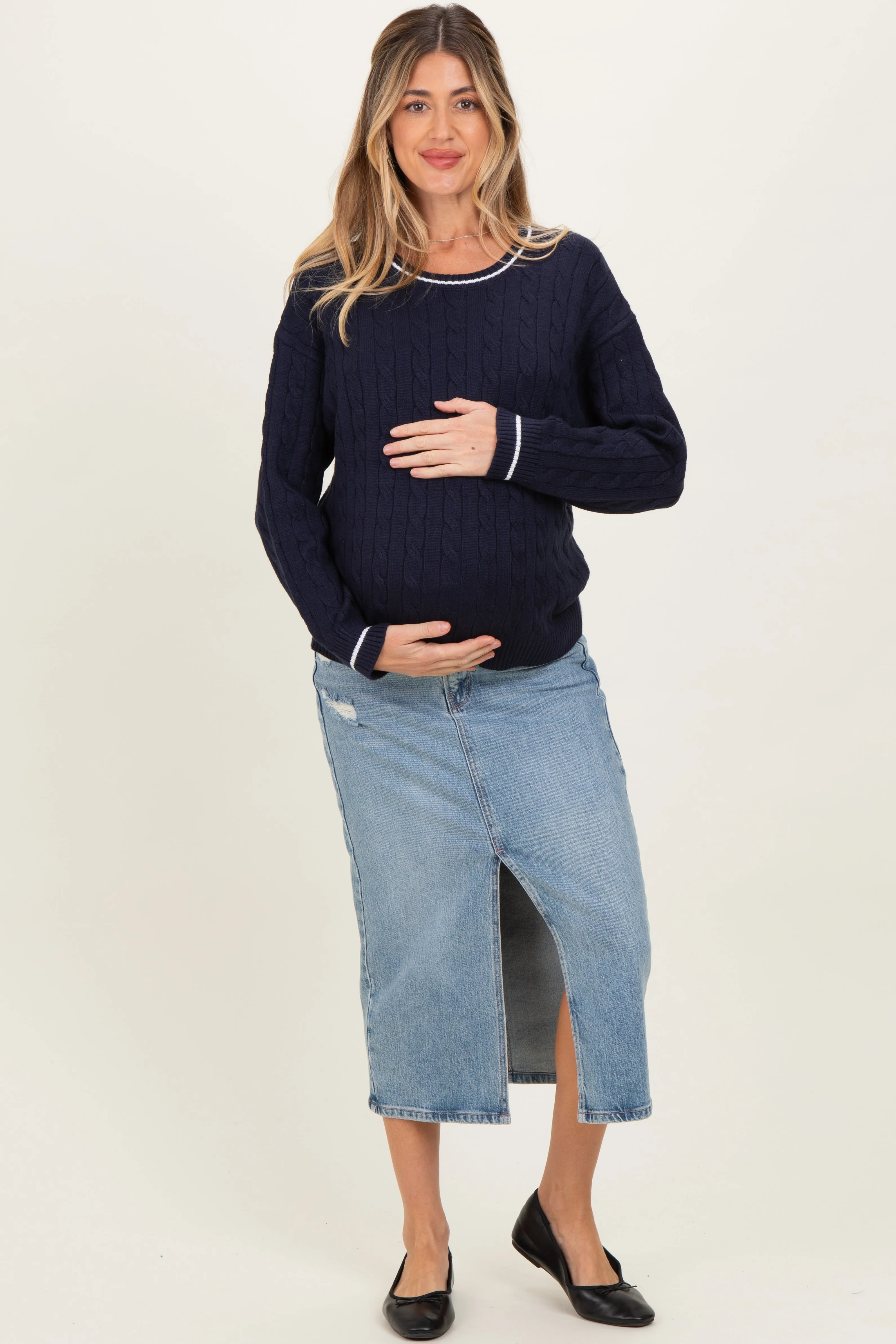 Navy Chunky Cable Knit Maternity Sweater sold by Pinkblush product image thumbnail 2