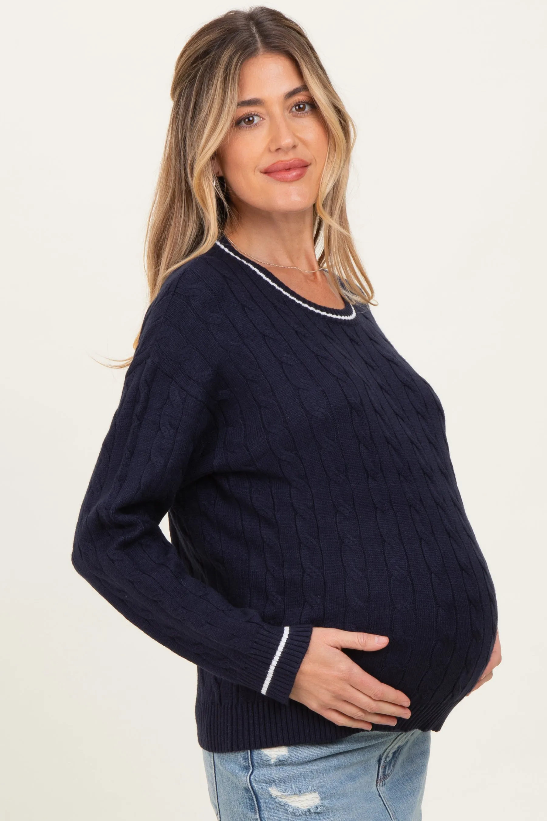 Navy Chunky Cable Knit Maternity Sweater sold by Pinkblush product image thumbnail 3