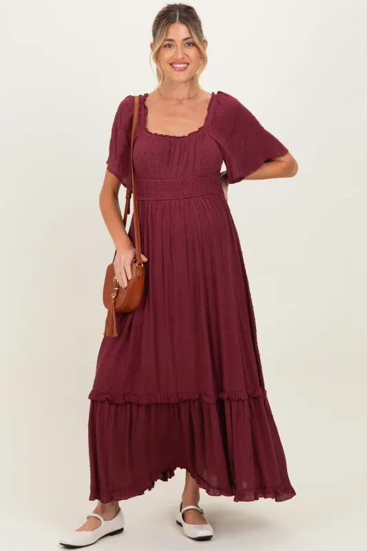 Burgundy Swiss Dot Ruffle Trim Maternity Maxi Dress sold by Pinkblush