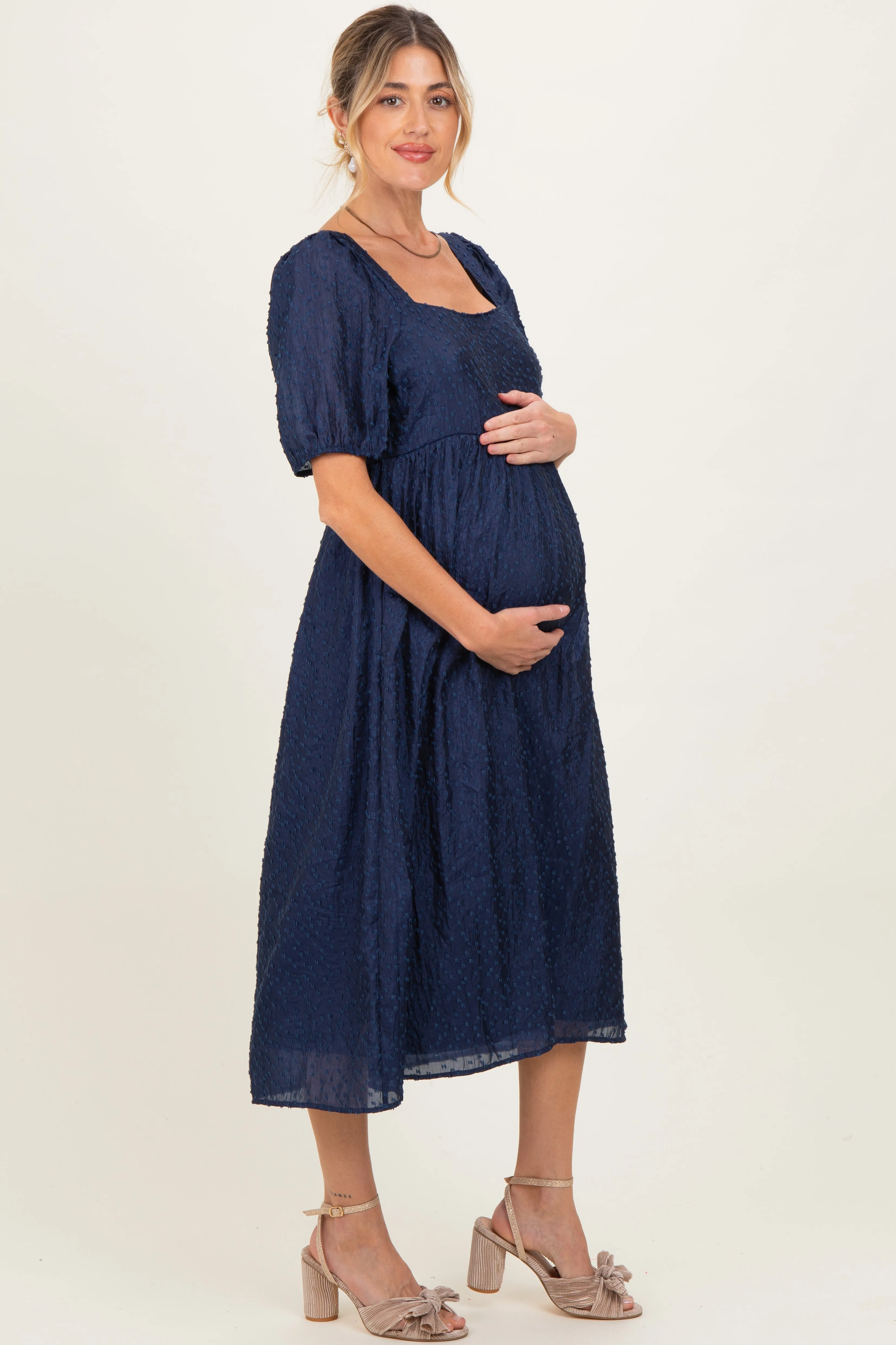 Navy Swiss Dot Puff Sleeve Maternity Midi Dress sold by Pinkblush product image thumbnail 3