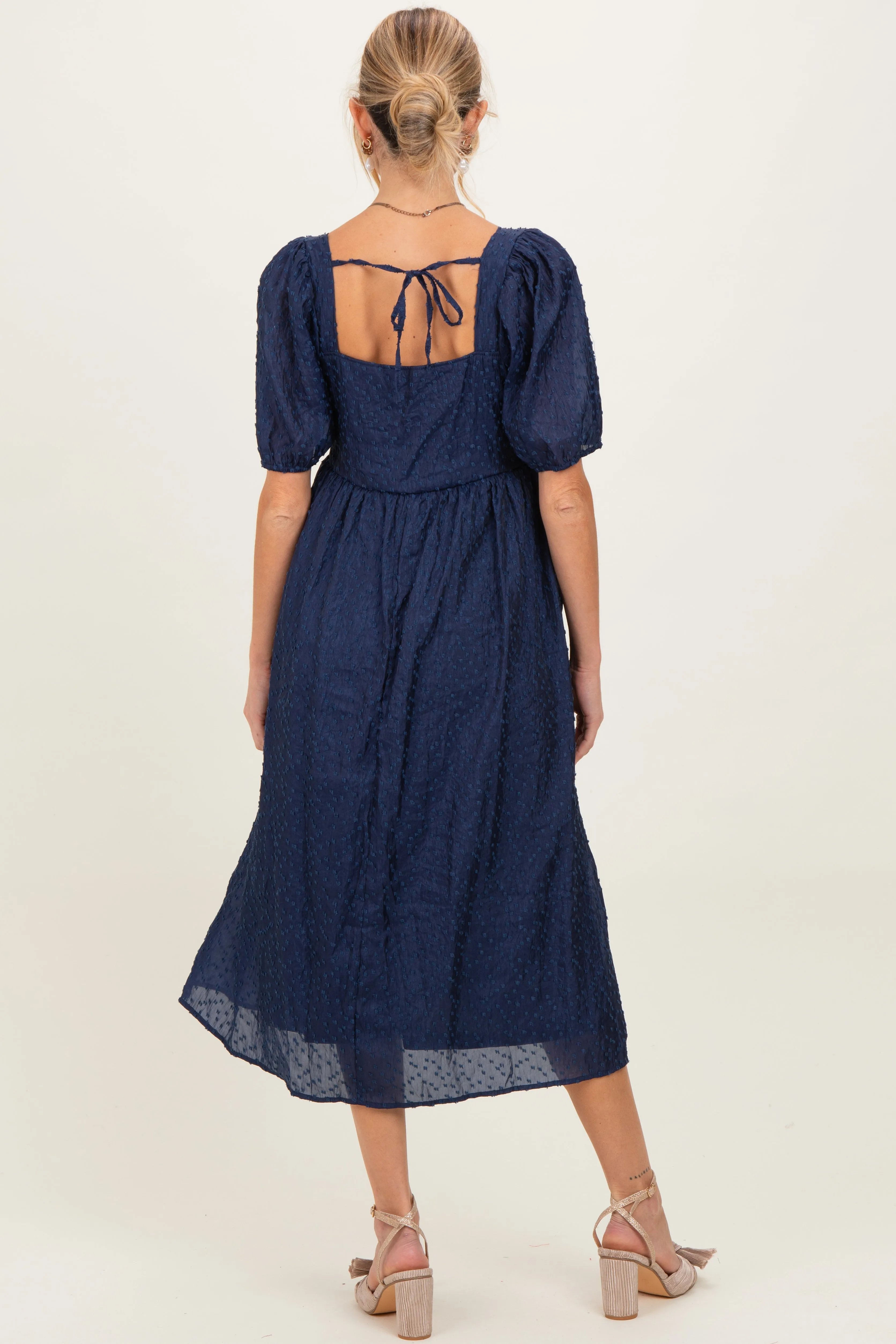 Navy Swiss Dot Puff Sleeve Maternity Midi Dress sold by Pinkblush product image thumbnail 4