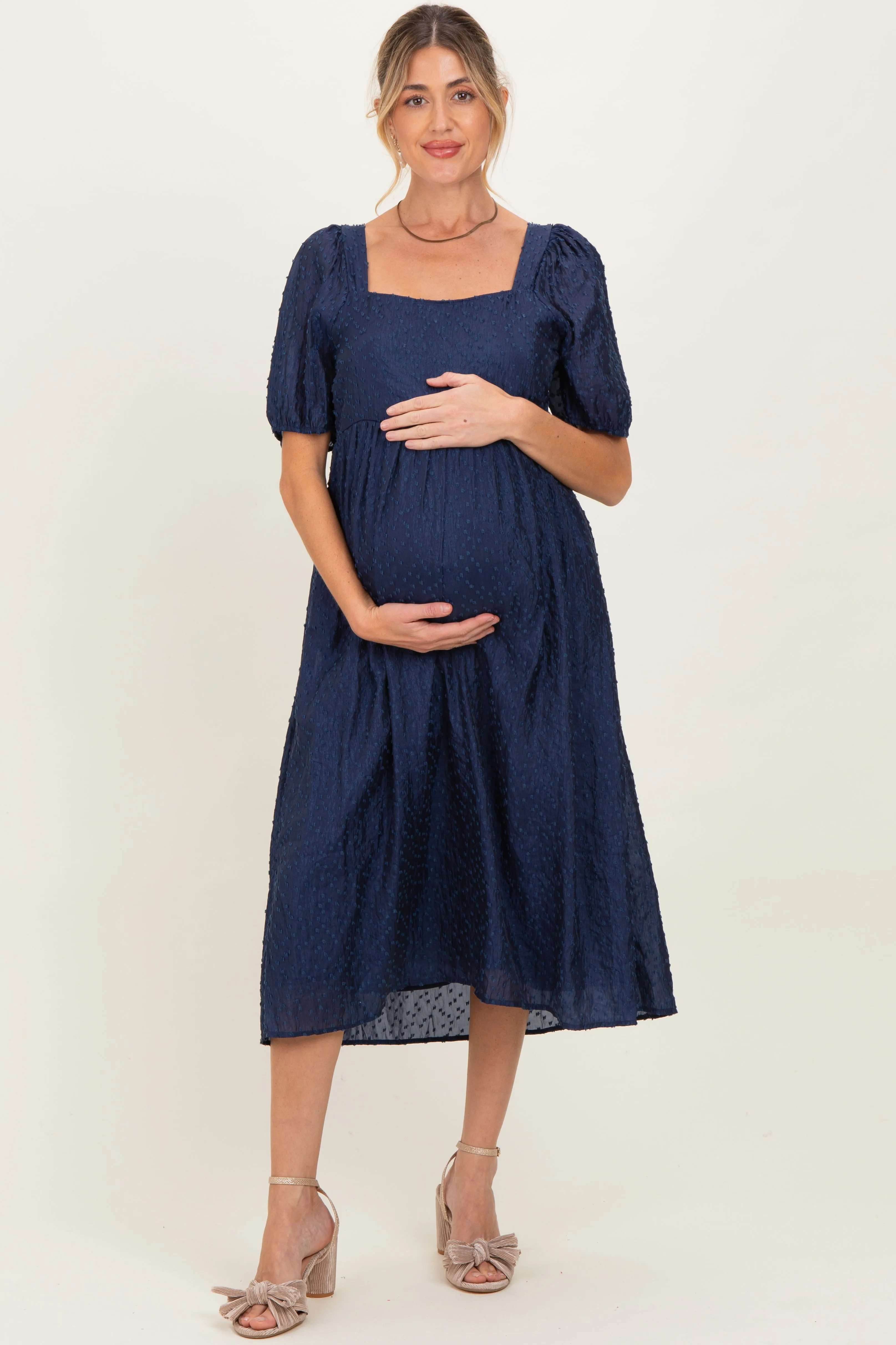 Navy Swiss Dot Puff Sleeve Maternity Midi Dress sold by Pinkblush