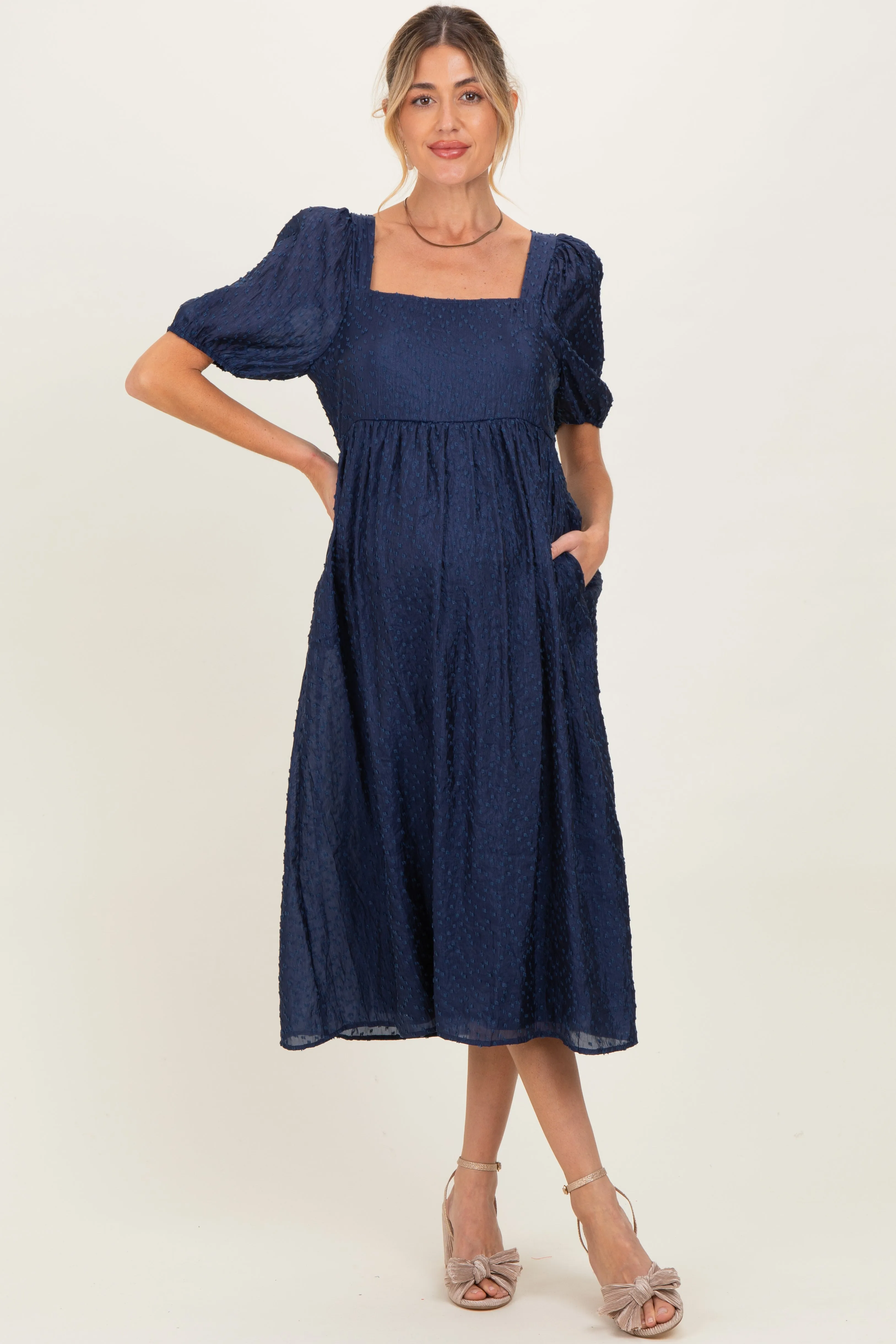 Navy Swiss Dot Puff Sleeve Maternity Midi Dress sold by Pinkblush product image thumbnail 2